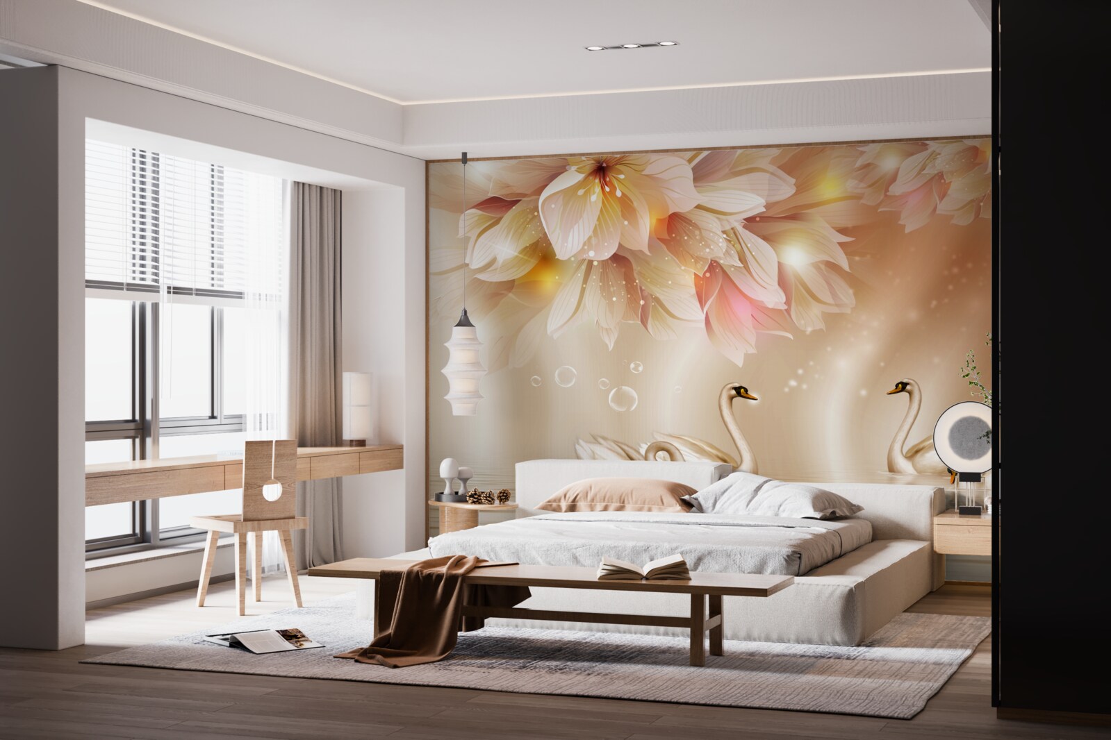 Fototapeta kvety a skupina pôvabných labutí na vodnej hladine