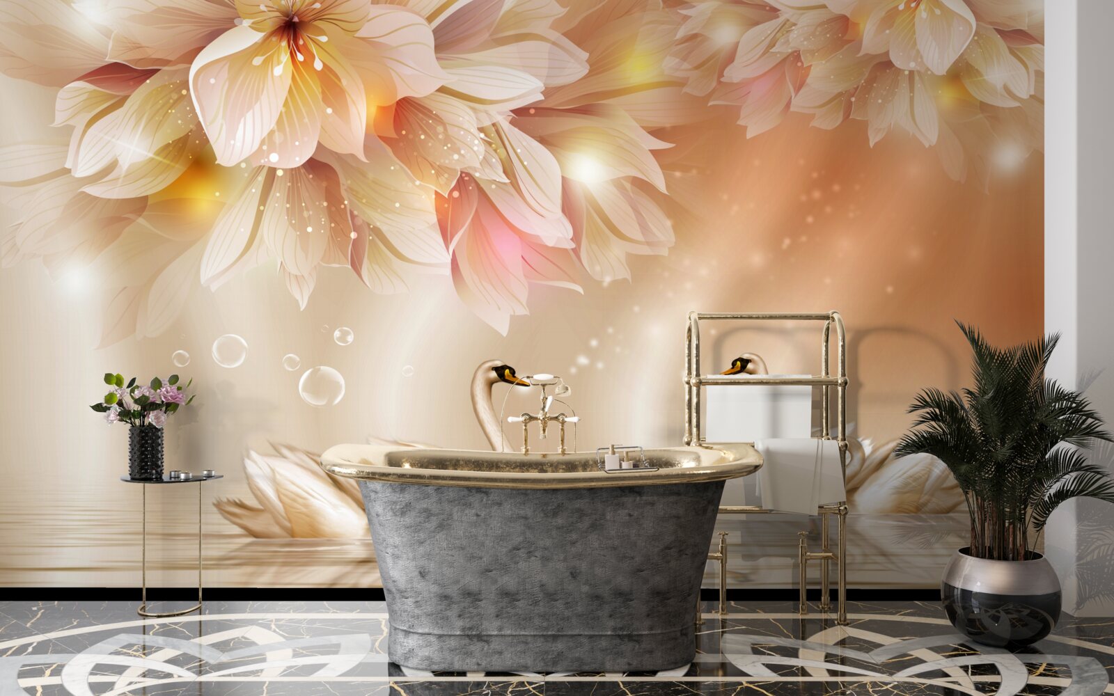 Fototapeta kvety a skupina pôvabných labutí na vodnej hladine