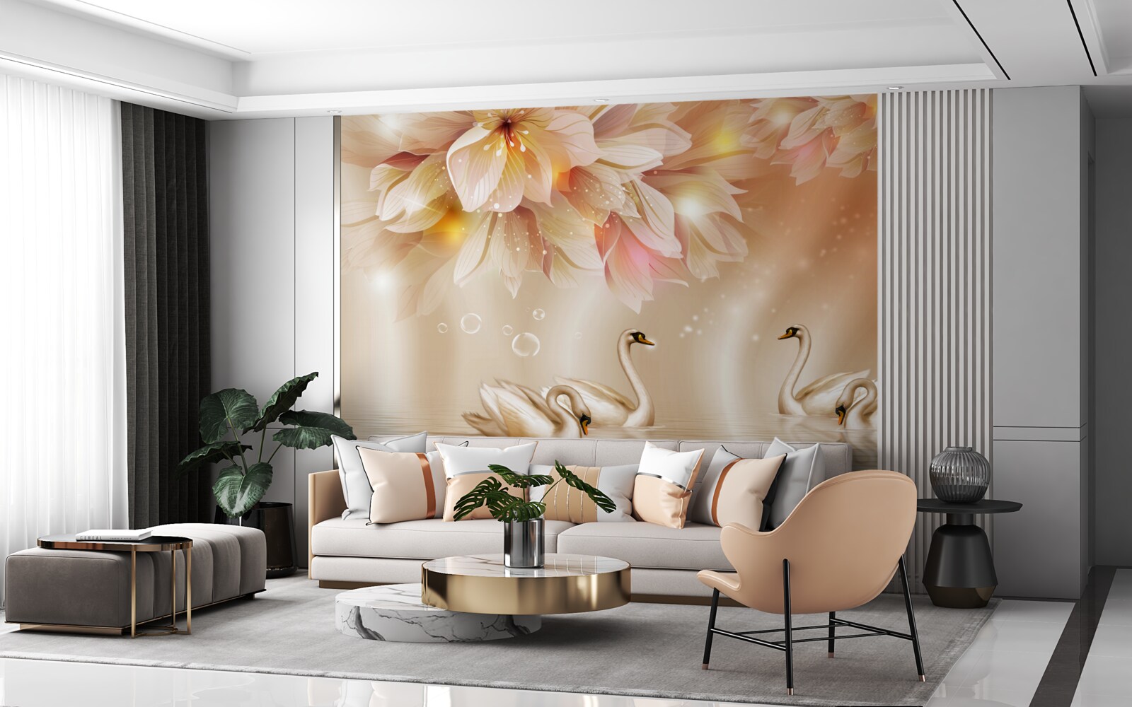 Fototapeta kvety a skupina pôvabných labutí na vodnej hladine