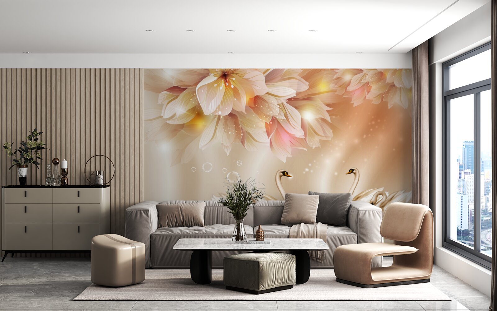 Fototapeta kvety a skupina pôvabných labutí na vodnej hladine