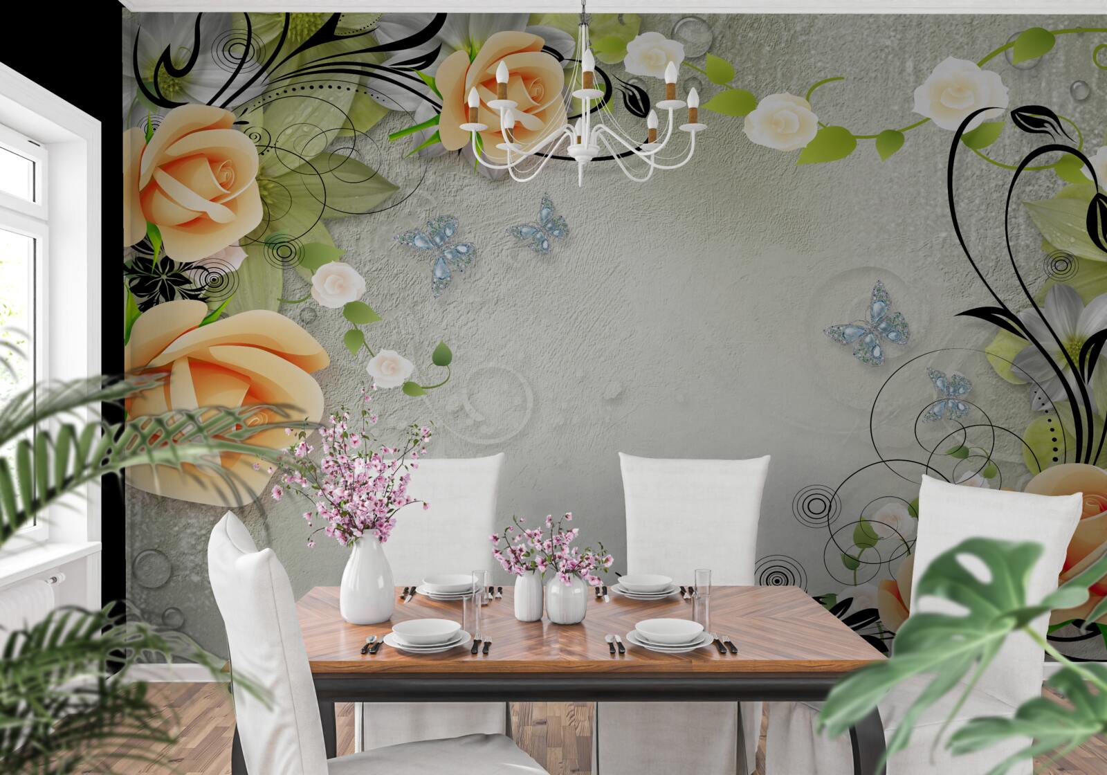 Fototapeta motýle na vetvách broskyňovej ruže