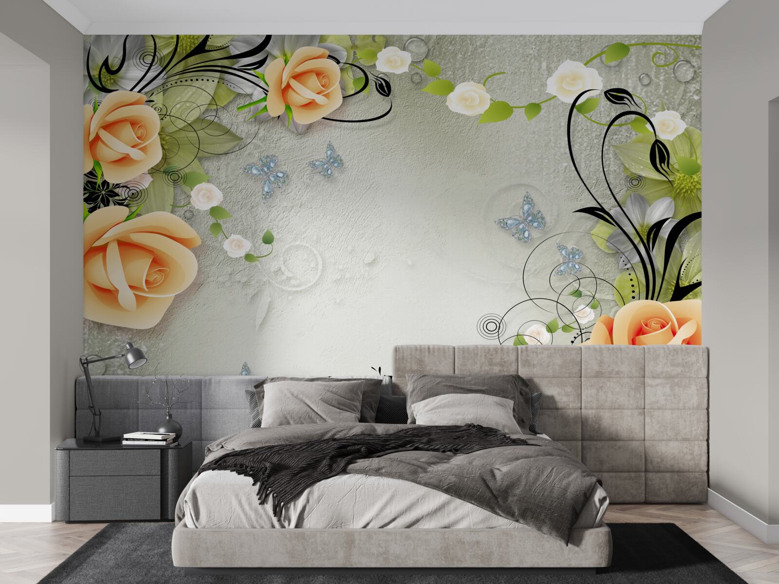 Fototapeta motýle na vetvách broskyňovej ruže