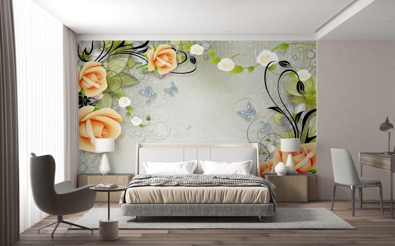 Fototapeta motýle na vetvách broskyňovej ruže