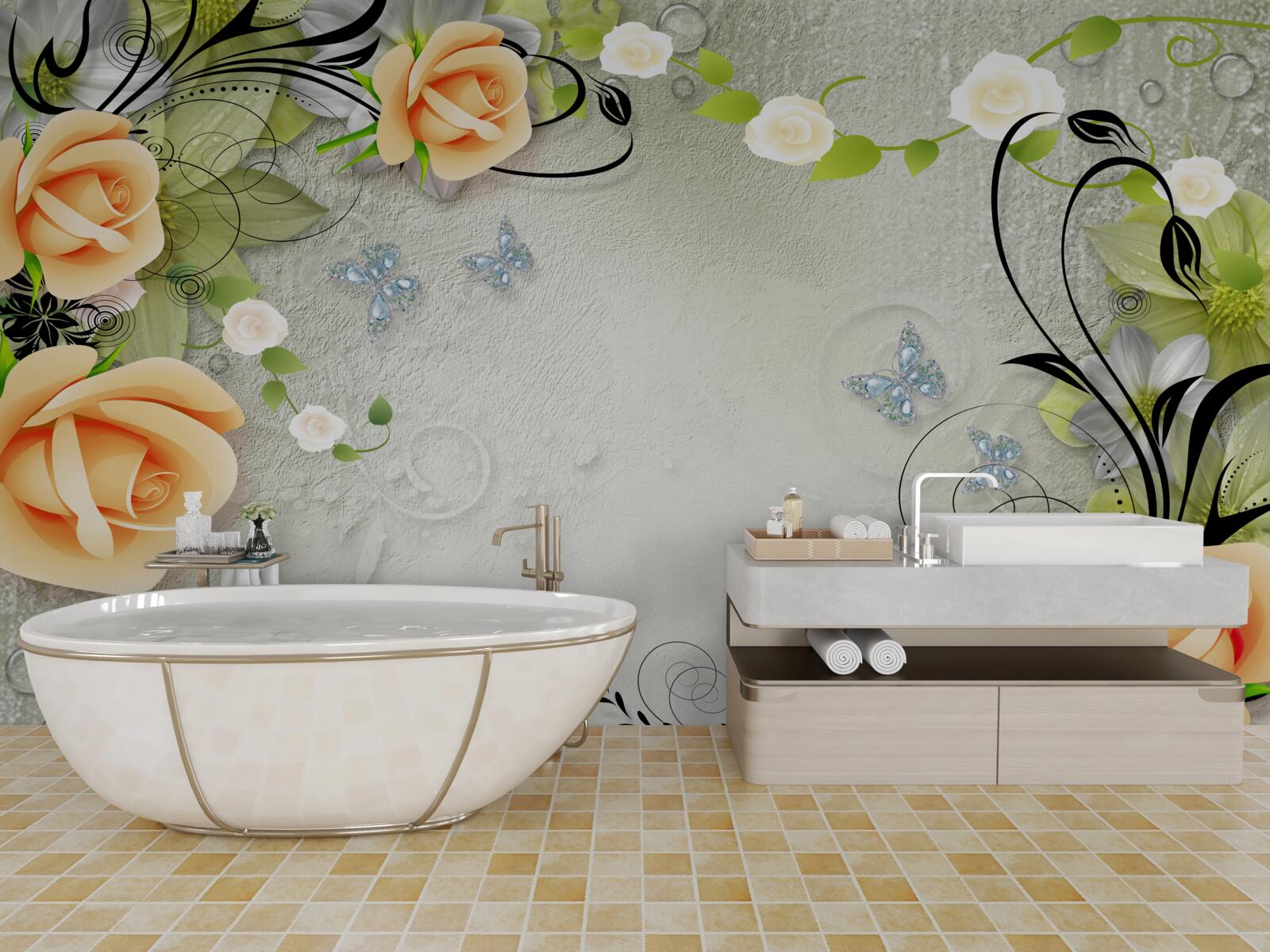 Fototapeta motýle na vetvách broskyňovej ruže