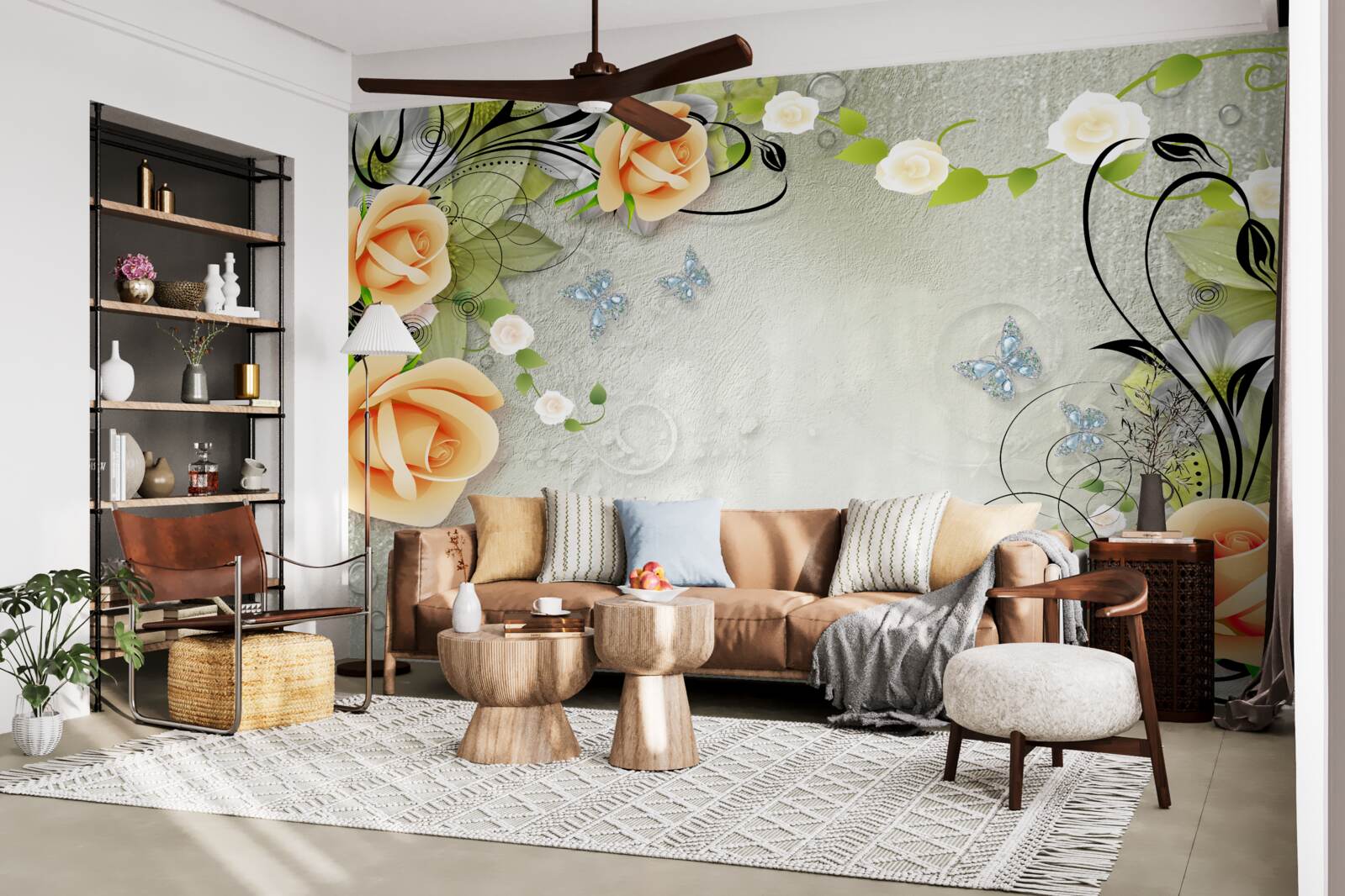 Fototapeta motýle na vetvách broskyňovej ruže