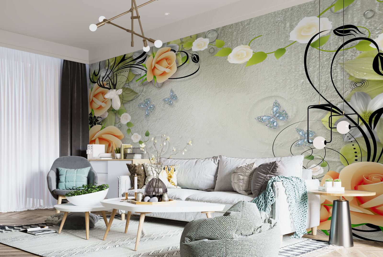 Fototapeta motýle na vetvách broskyňovej ruže