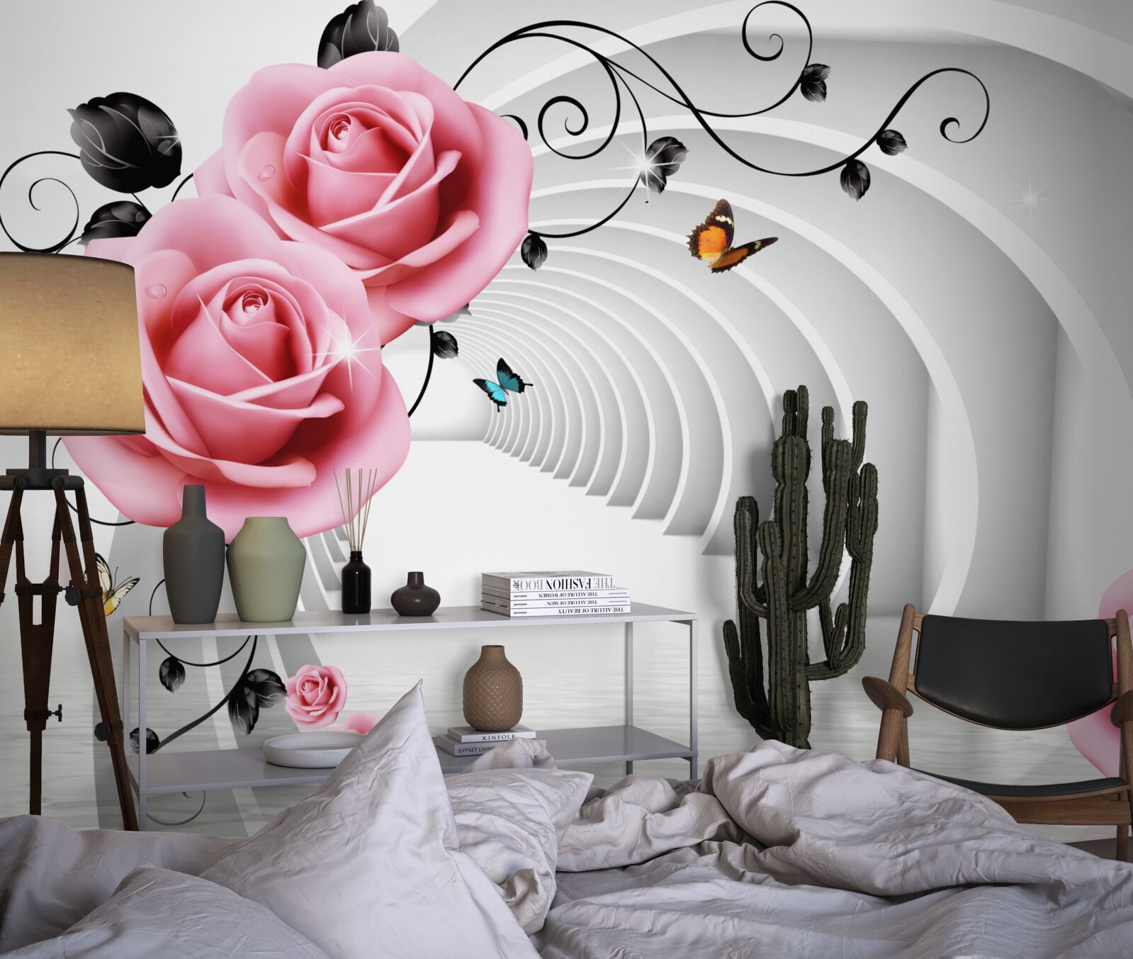 Fototapeta neustále žiariaci priechod a ružové kvety ruží