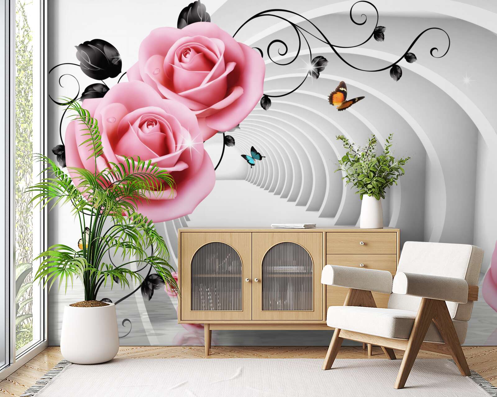 Fototapeta neustále žiariaci priechod a ružové kvety ruží