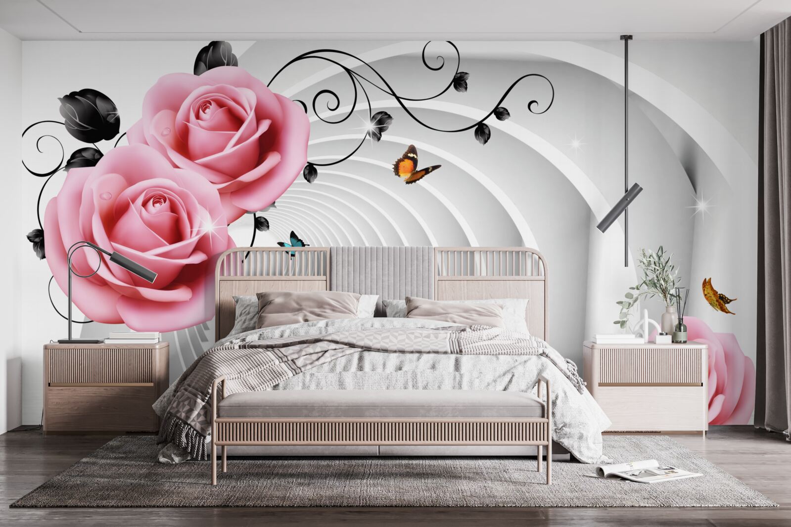 Fototapeta neustále žiariaci priechod a ružové kvety ruží