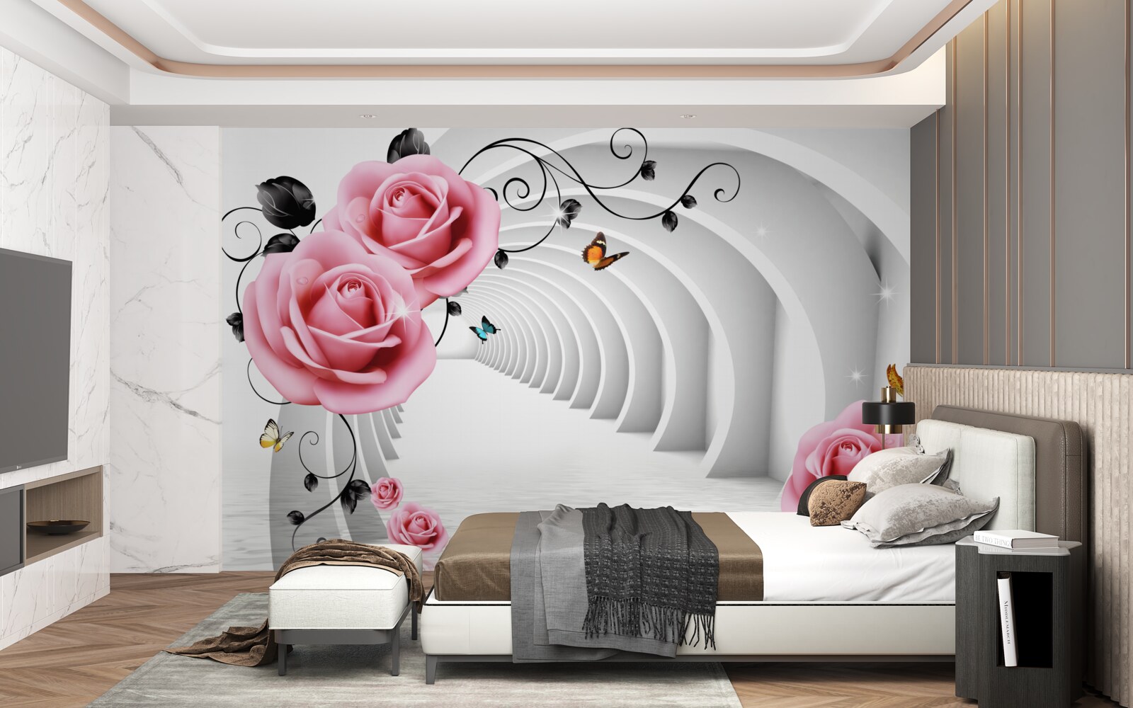 Fototapeta neustále žiariaci priechod a ružové kvety ruží