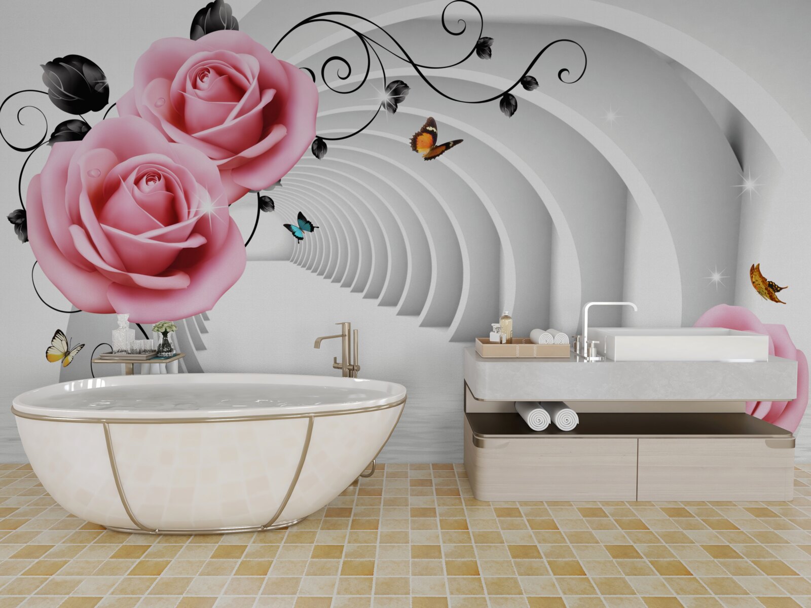 Fototapeta neustále žiariaci priechod a ružové kvety ruží