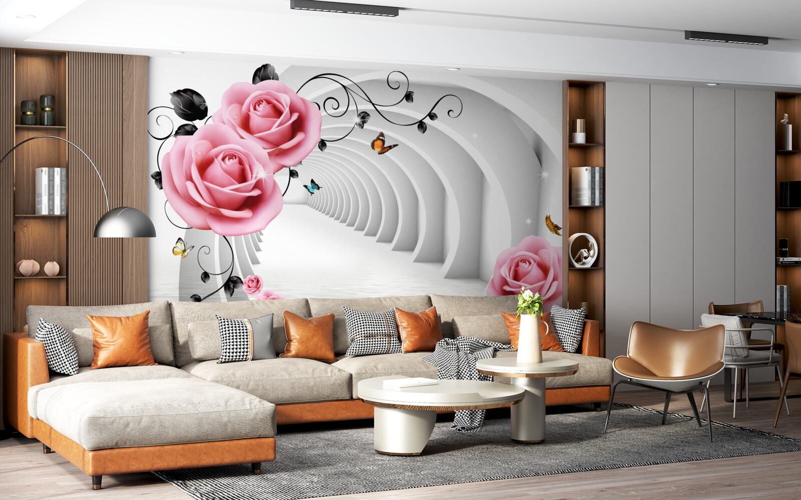 Fototapeta neustále žiariaci priechod a ružové kvety ruží