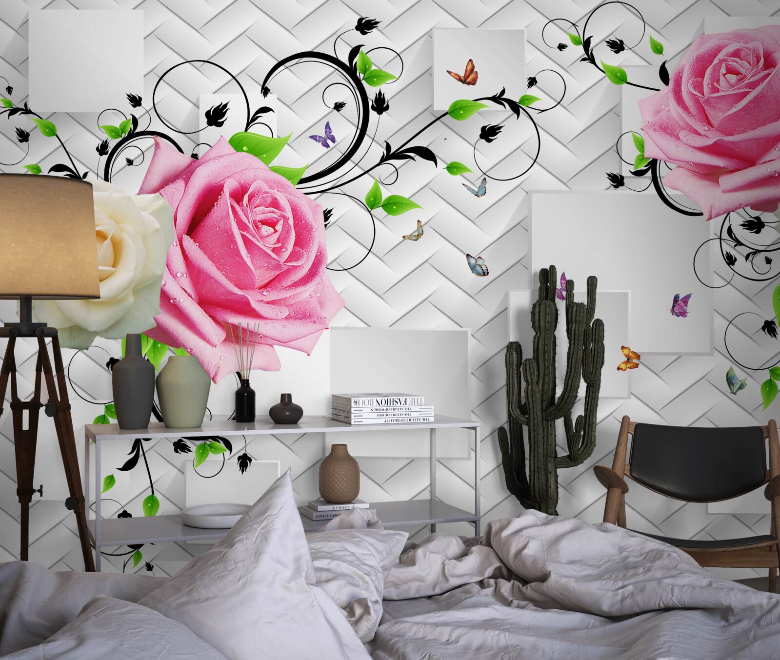 Fototapeta biele a ružové ruže na abstraktnom pozadí