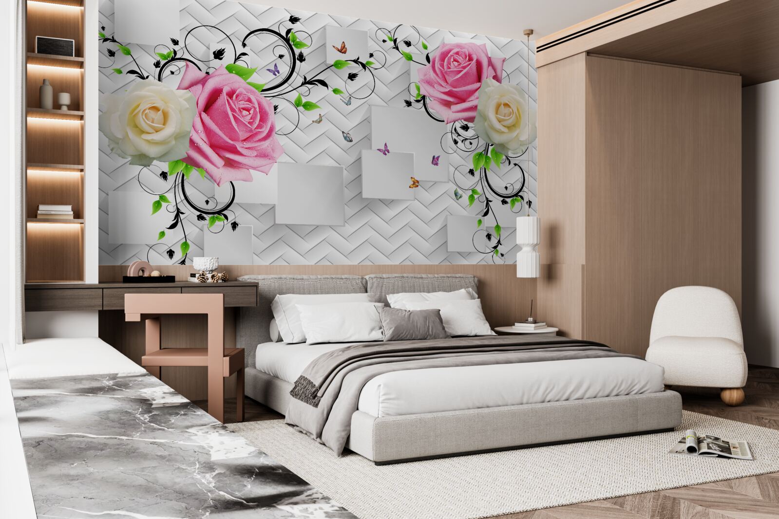 Fototapeta biele a ružové ruže na abstraktnom pozadí