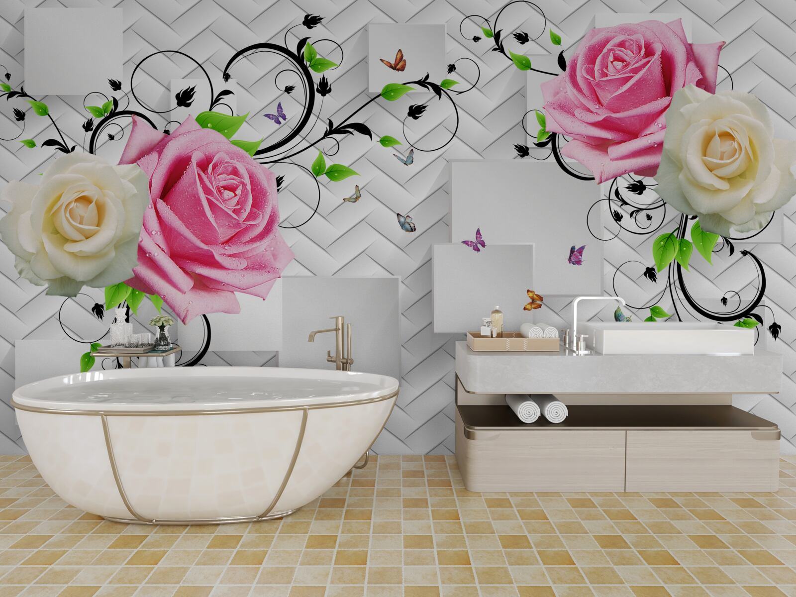 Fototapeta biele a ružové ruže na abstraktnom pozadí