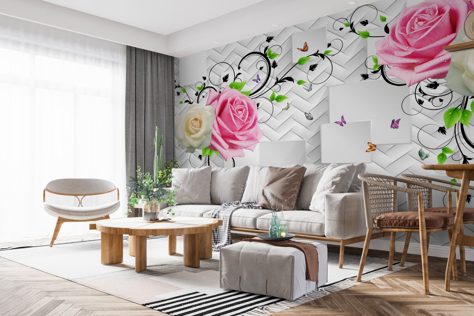 Fototapeta biele a ružové ruže na abstraktnom pozadí