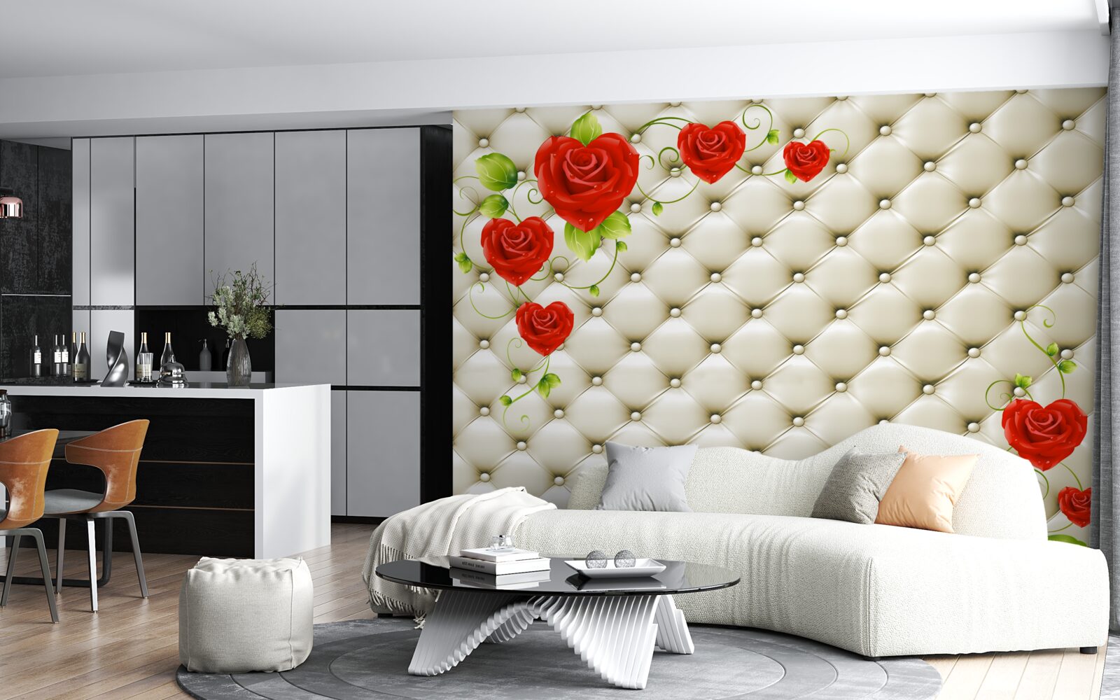 Fototapeta textúra tkaniny s dekoratívnymi prvkami a červenými ružami