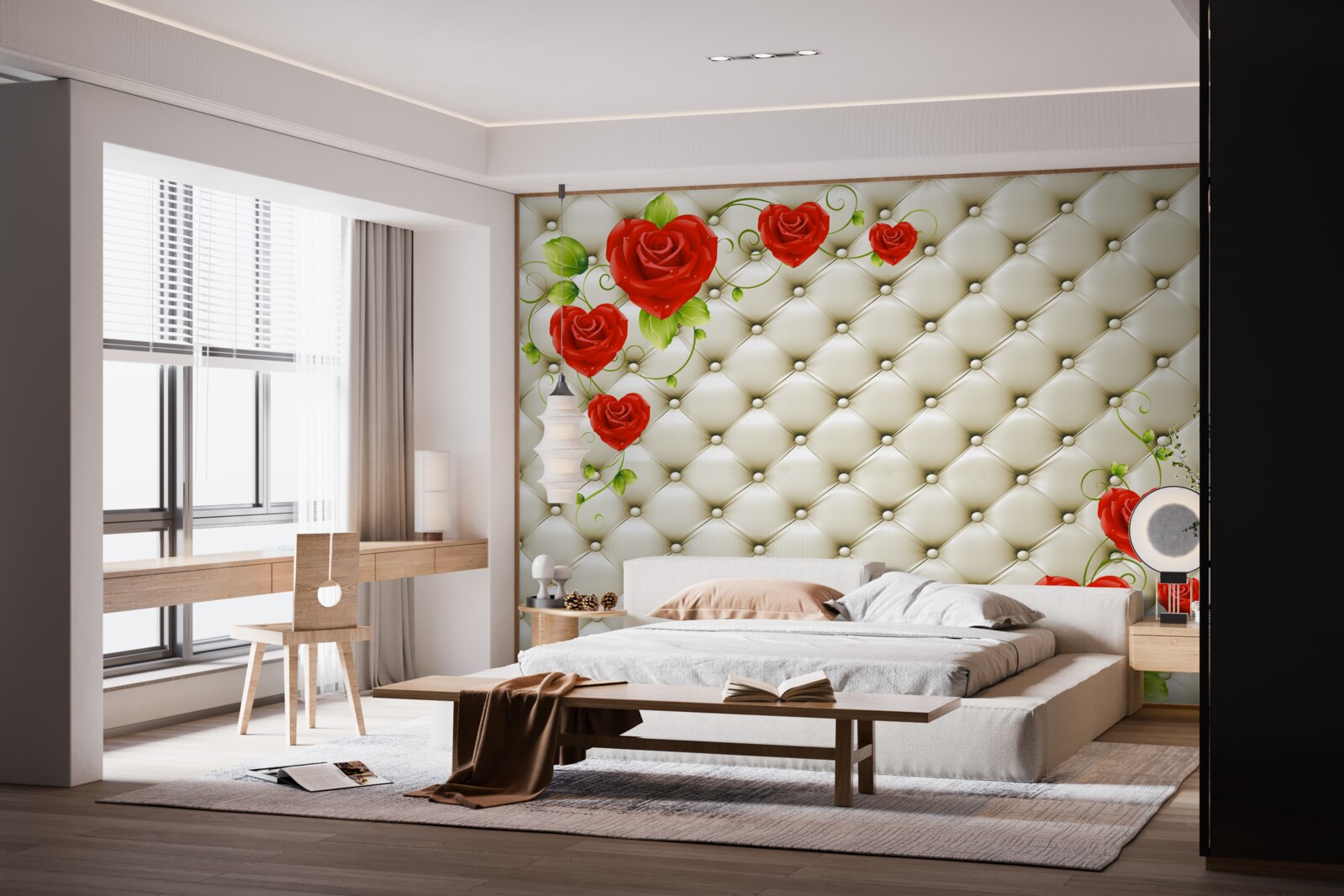 Fototapeta textúra tkaniny s dekoratívnymi prvkami a červenými ružami