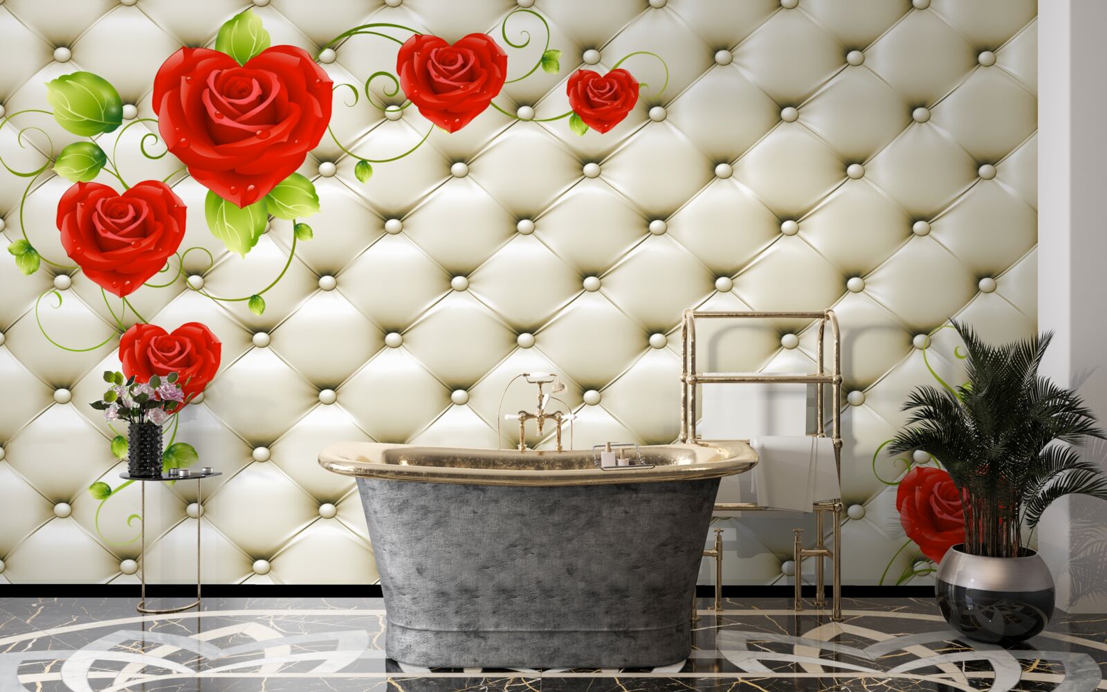 Fototapeta textúra tkaniny s dekoratívnymi prvkami a červenými ružami