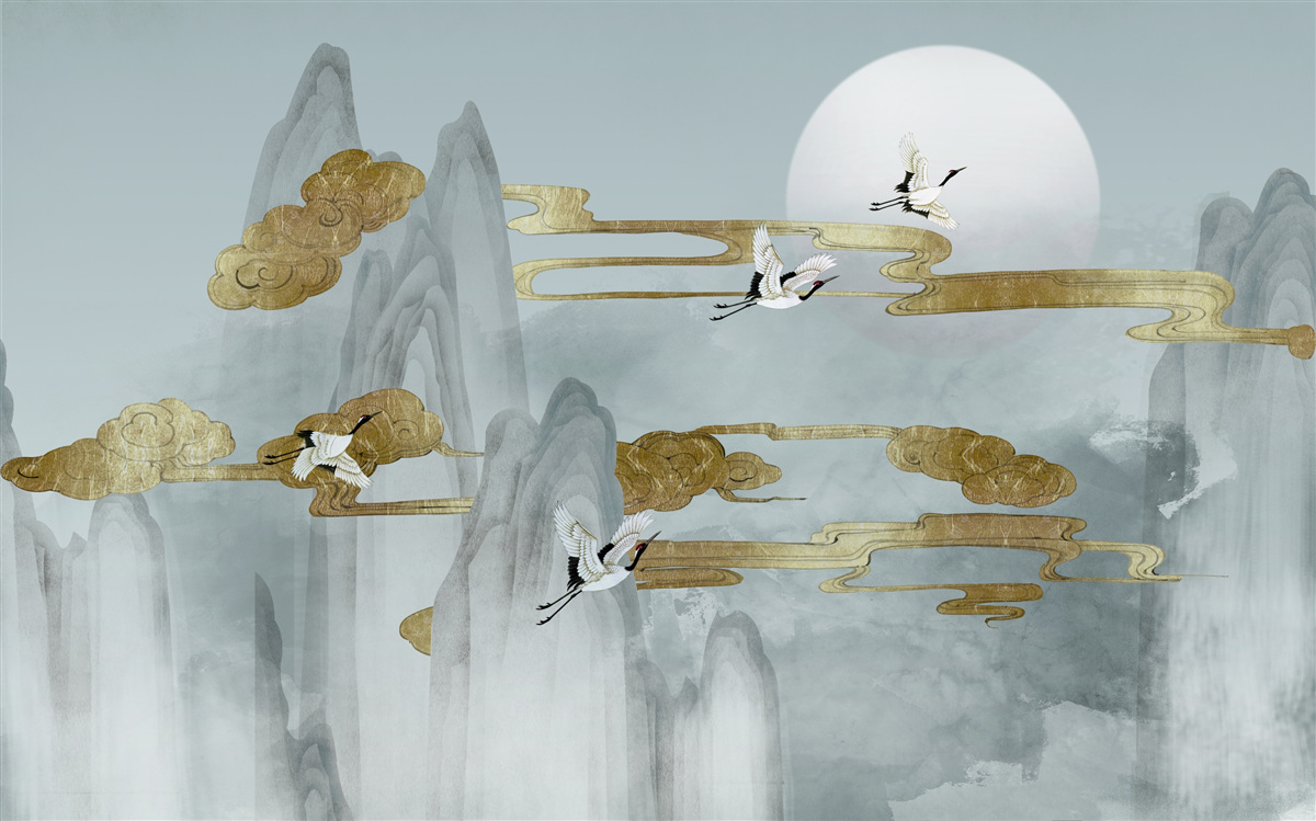 Fototapeta sivé vrcholy zostali pozadu, keď žeriavy lietajú