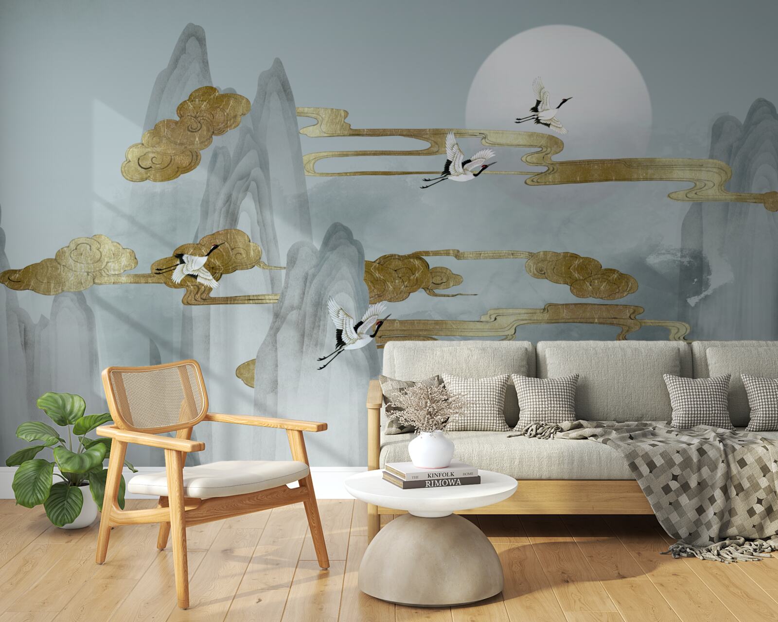 Fototapeta sivé vrcholy zostali pozadu, keď žeriavy lietajú