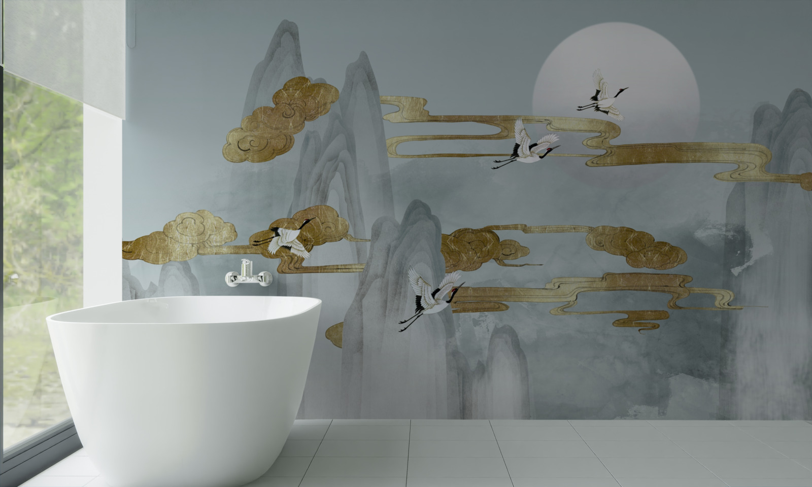 Fototapeta sivé vrcholy zostali pozadu, keď žeriavy lietajú