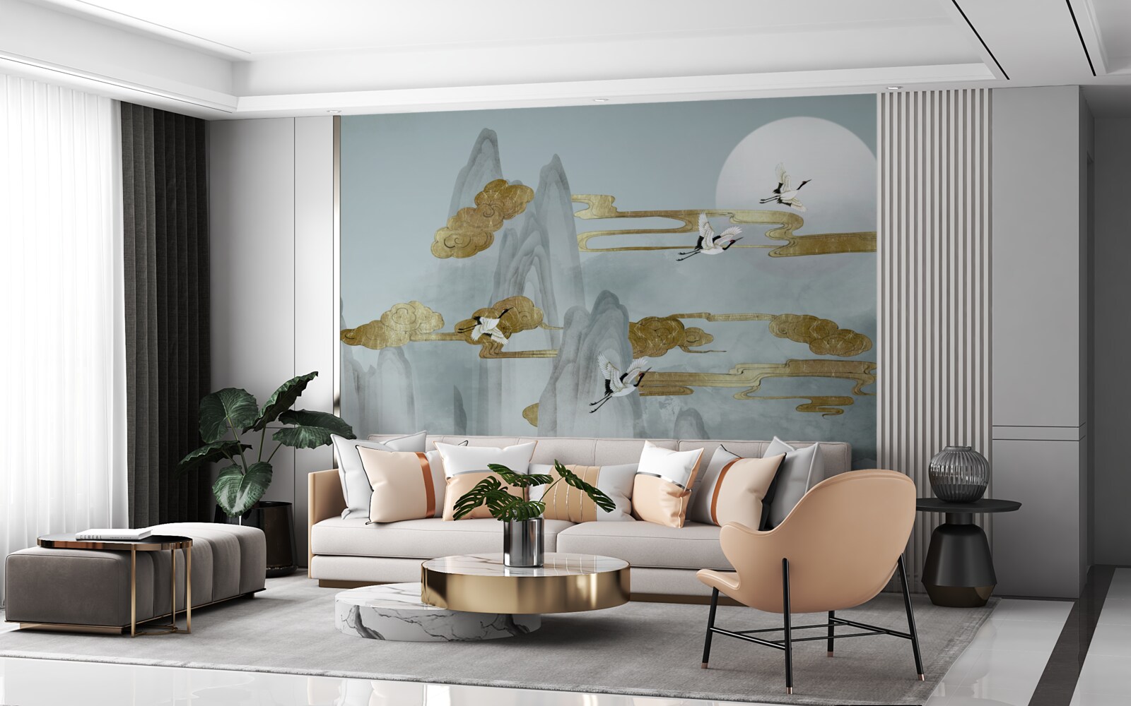 Fototapeta sivé vrcholy zostali pozadu, keď žeriavy lietajú