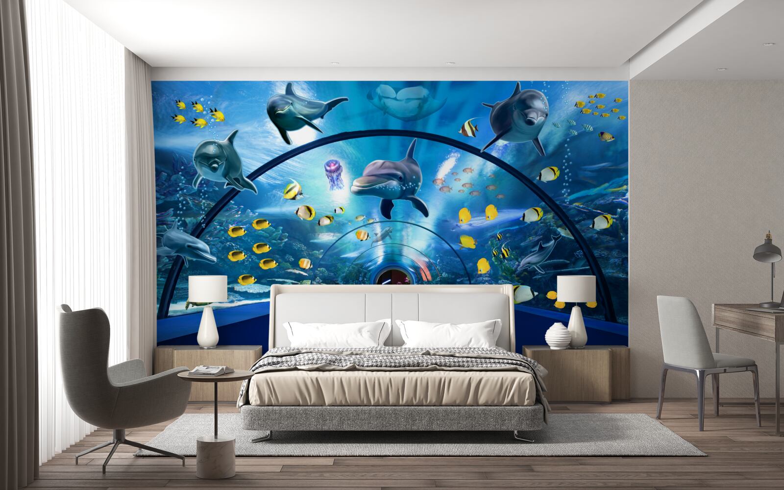 Fototapeta v akváriu sú delfíny a ryby