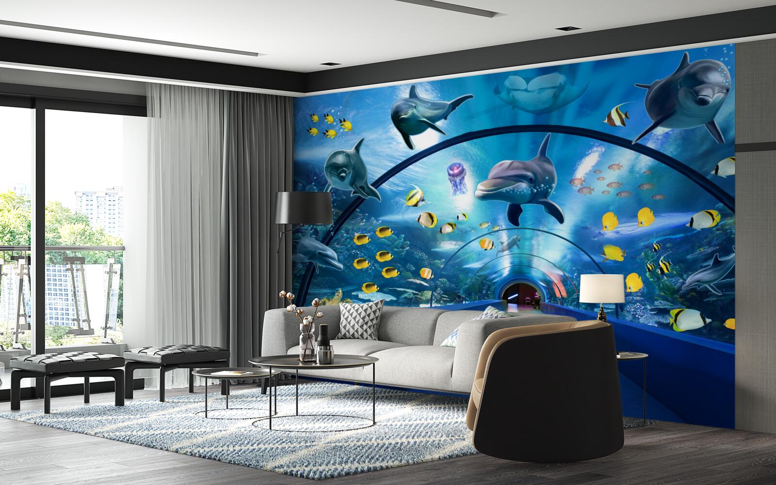 Fototapeta v akváriu sú delfíny a ryby