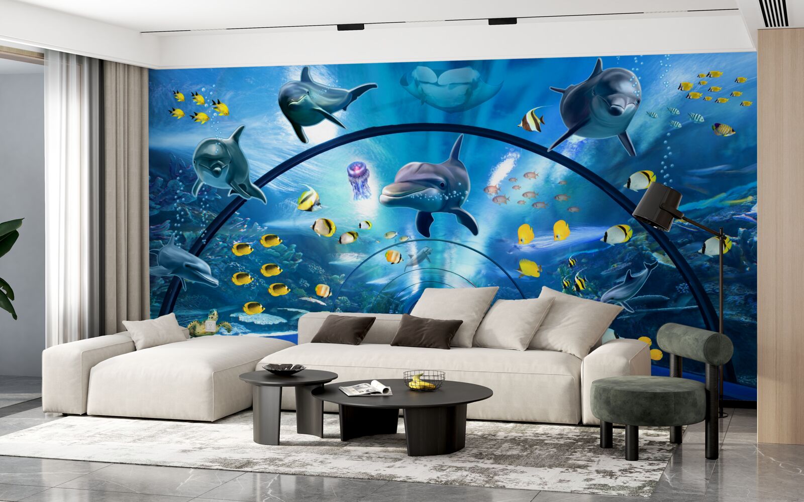 Fototapeta v akváriu sú delfíny a ryby