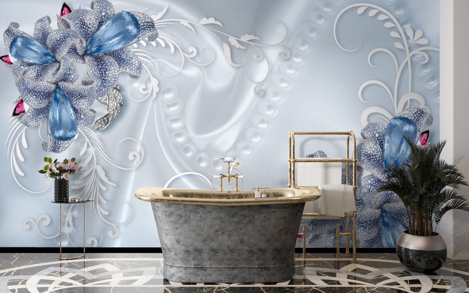 Fototapeta exotické kvety tkané z ušľachtilého striebra a nádherné drahokamy