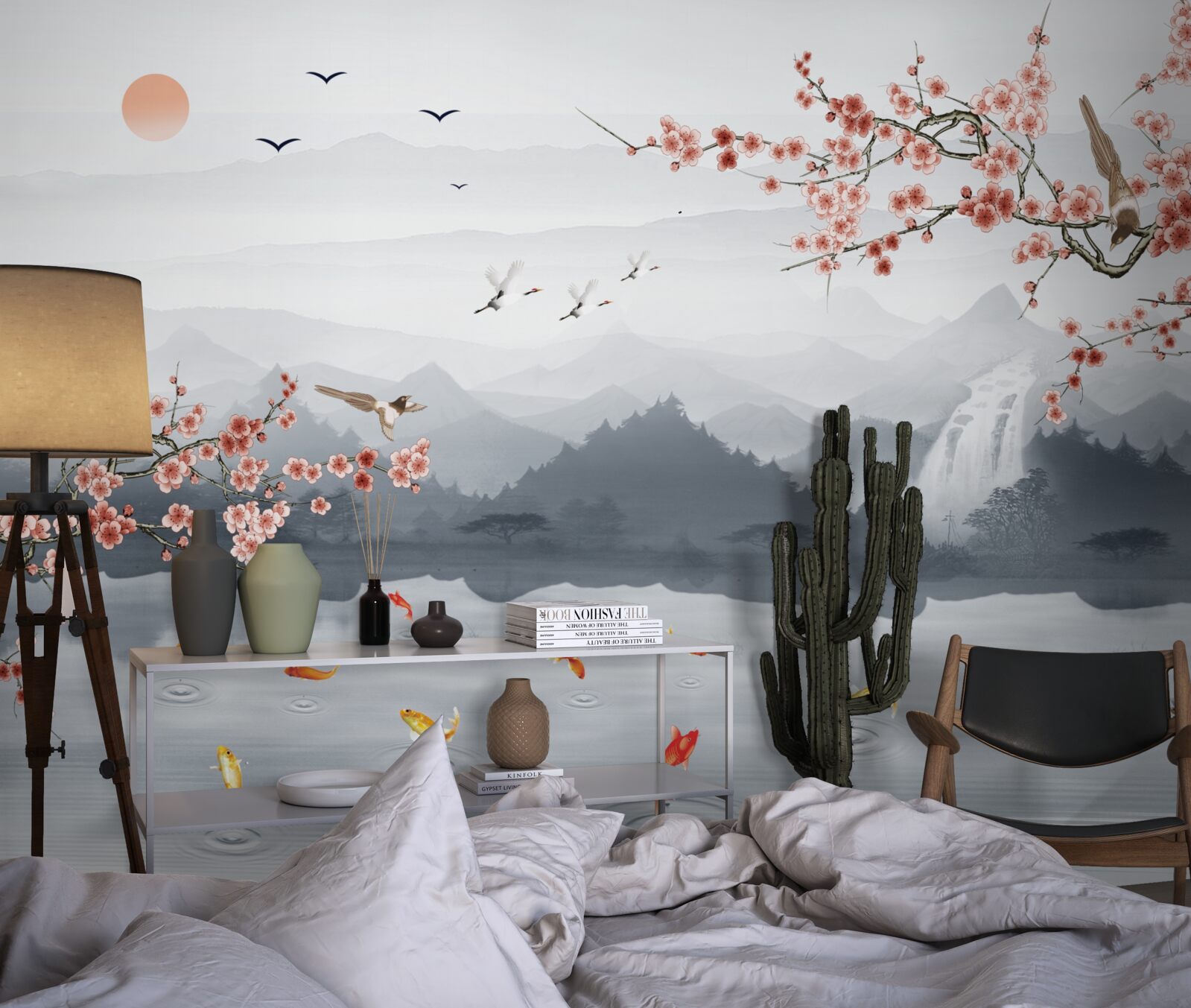 Fototapeta sakury kvitnúce na úpätí hôr a pri vode