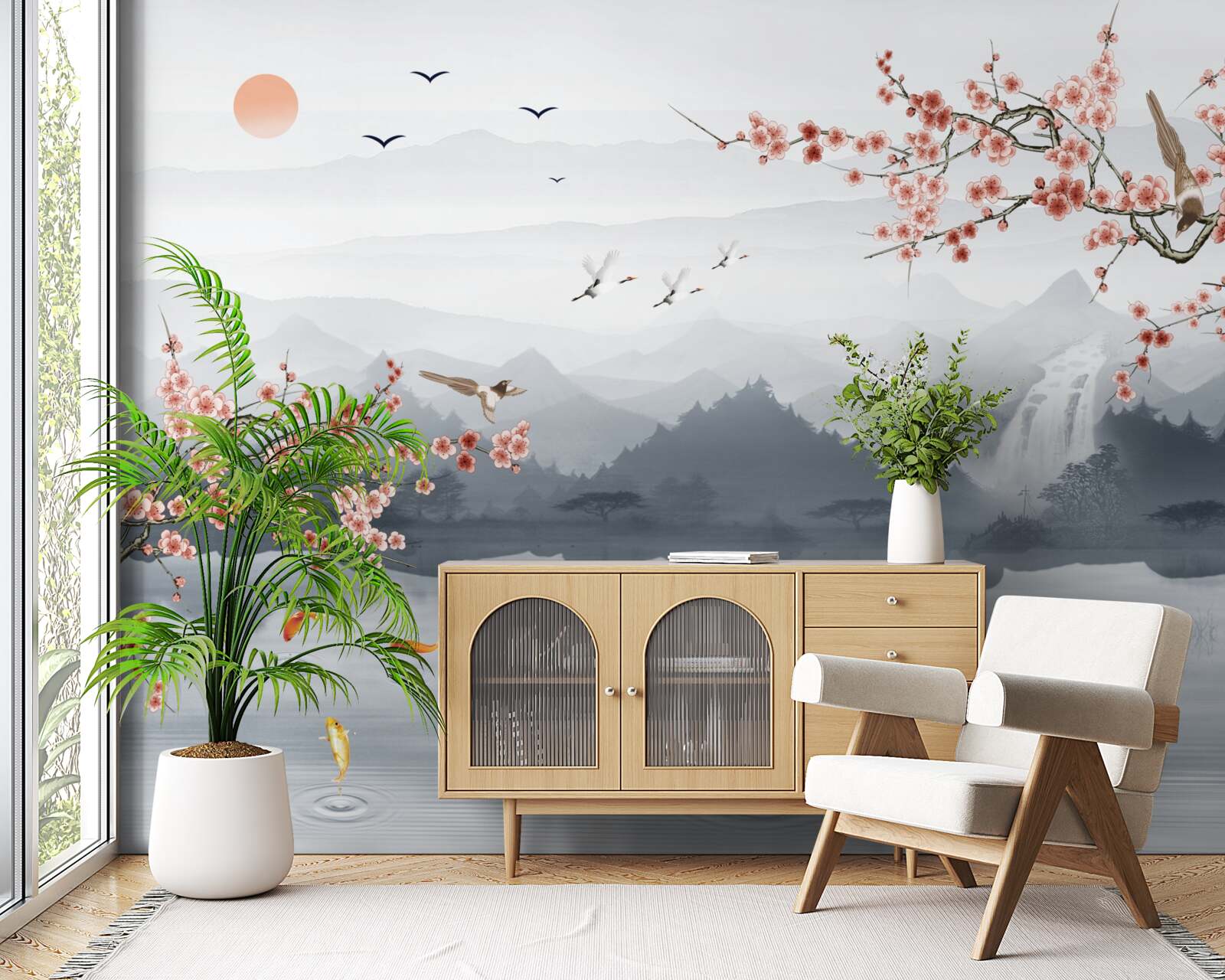 Fototapeta sakury kvitnúce na úpätí hôr a pri vode