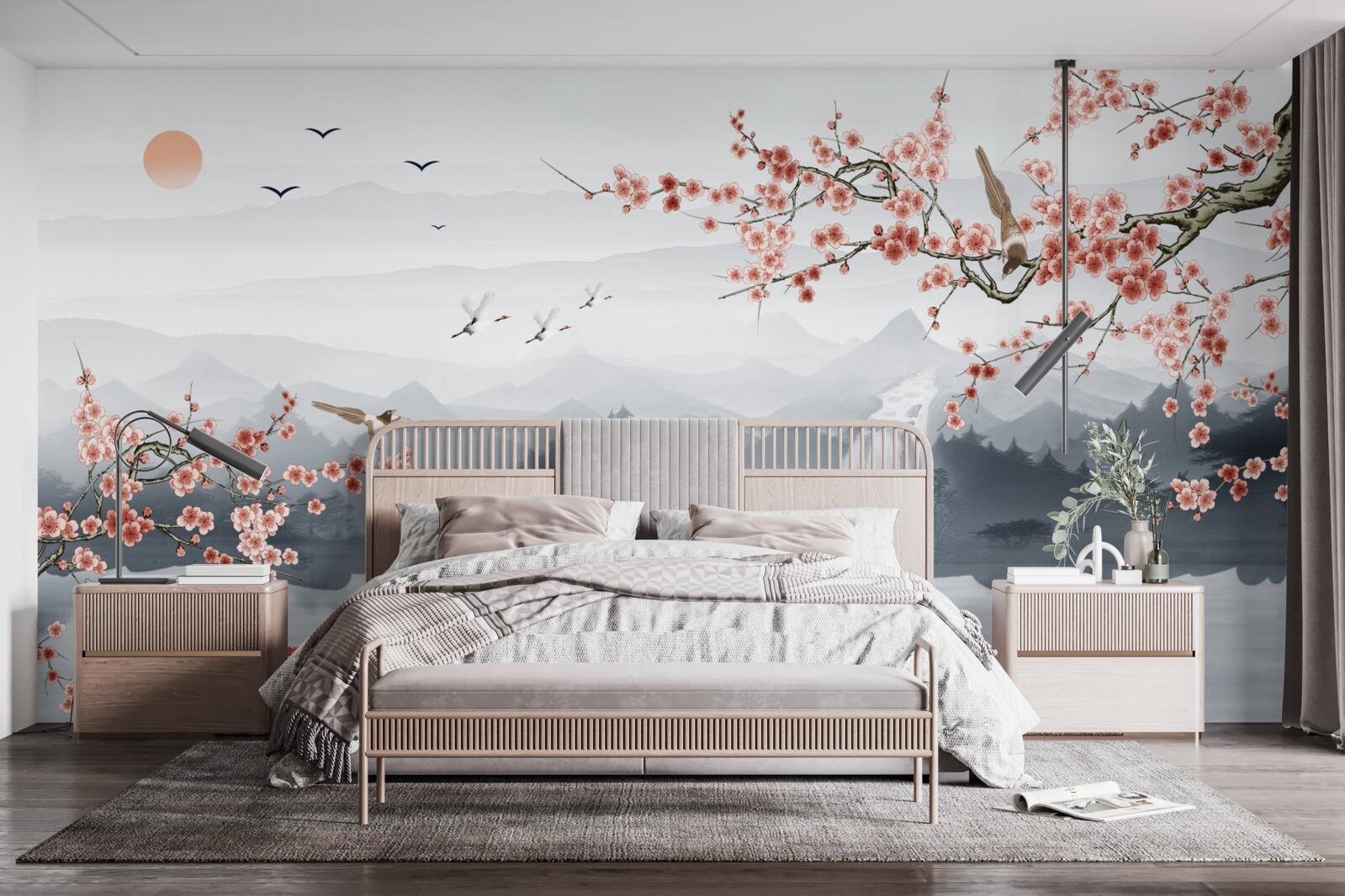 Fototapeta sakury kvitnúce na úpätí hôr a pri vode