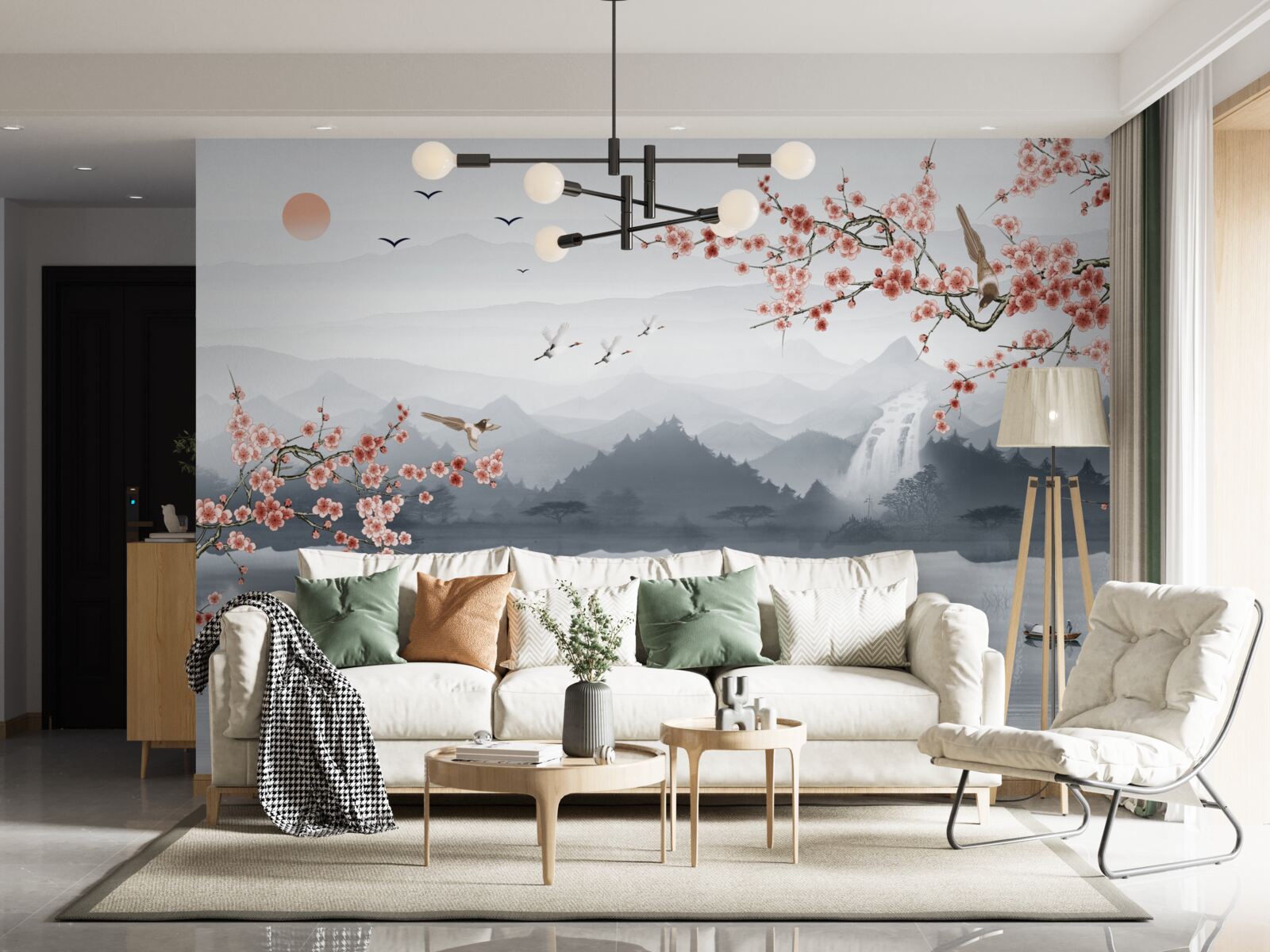 Fototapeta sakury kvitnúce na úpätí hôr a pri vode