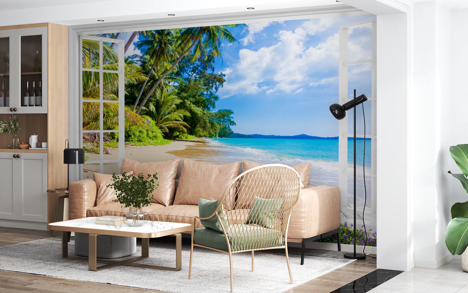 Fototapeta okno ponúka panoramatický výhľad na pláž