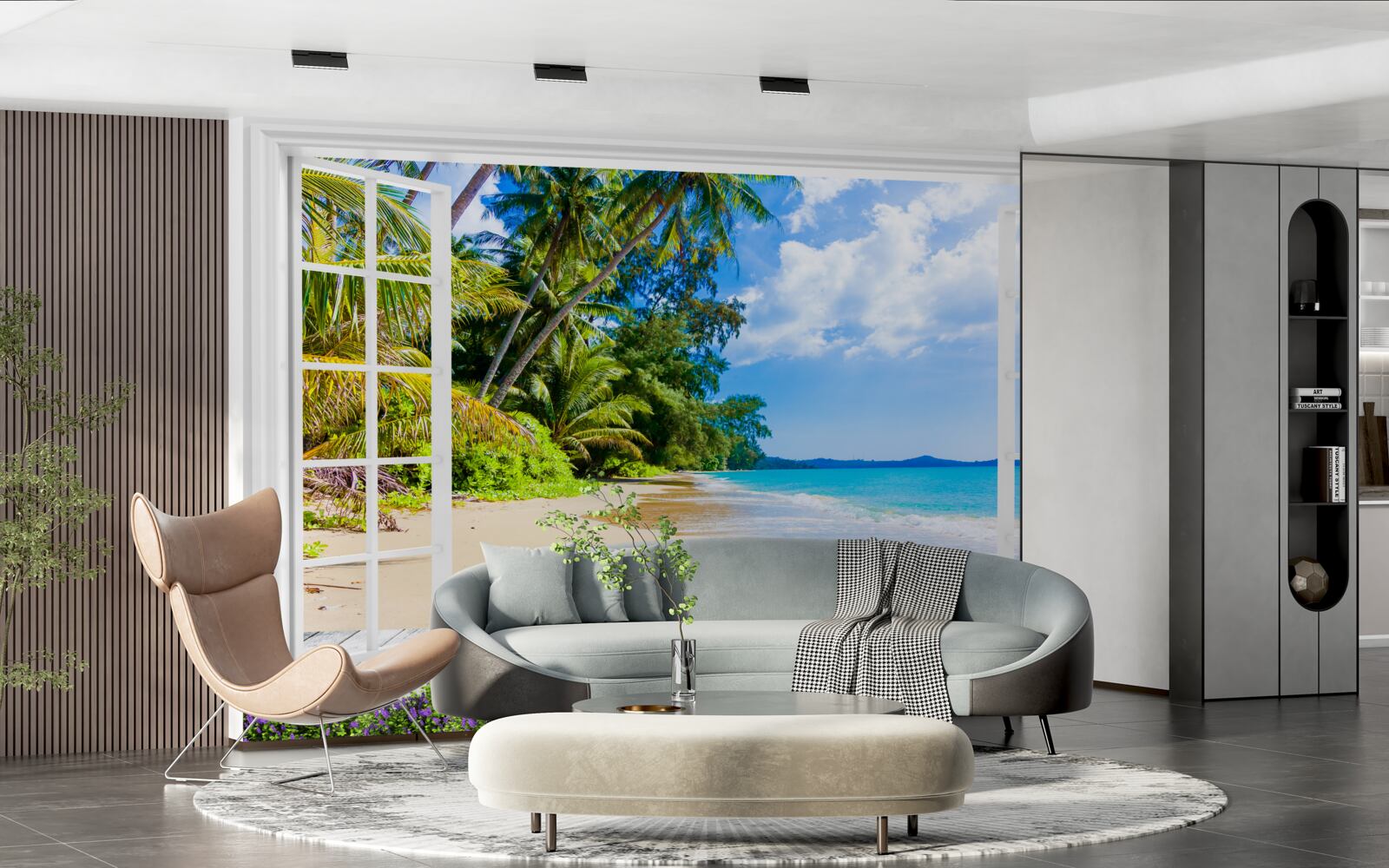 Fototapeta okno ponúka panoramatický výhľad na pláž