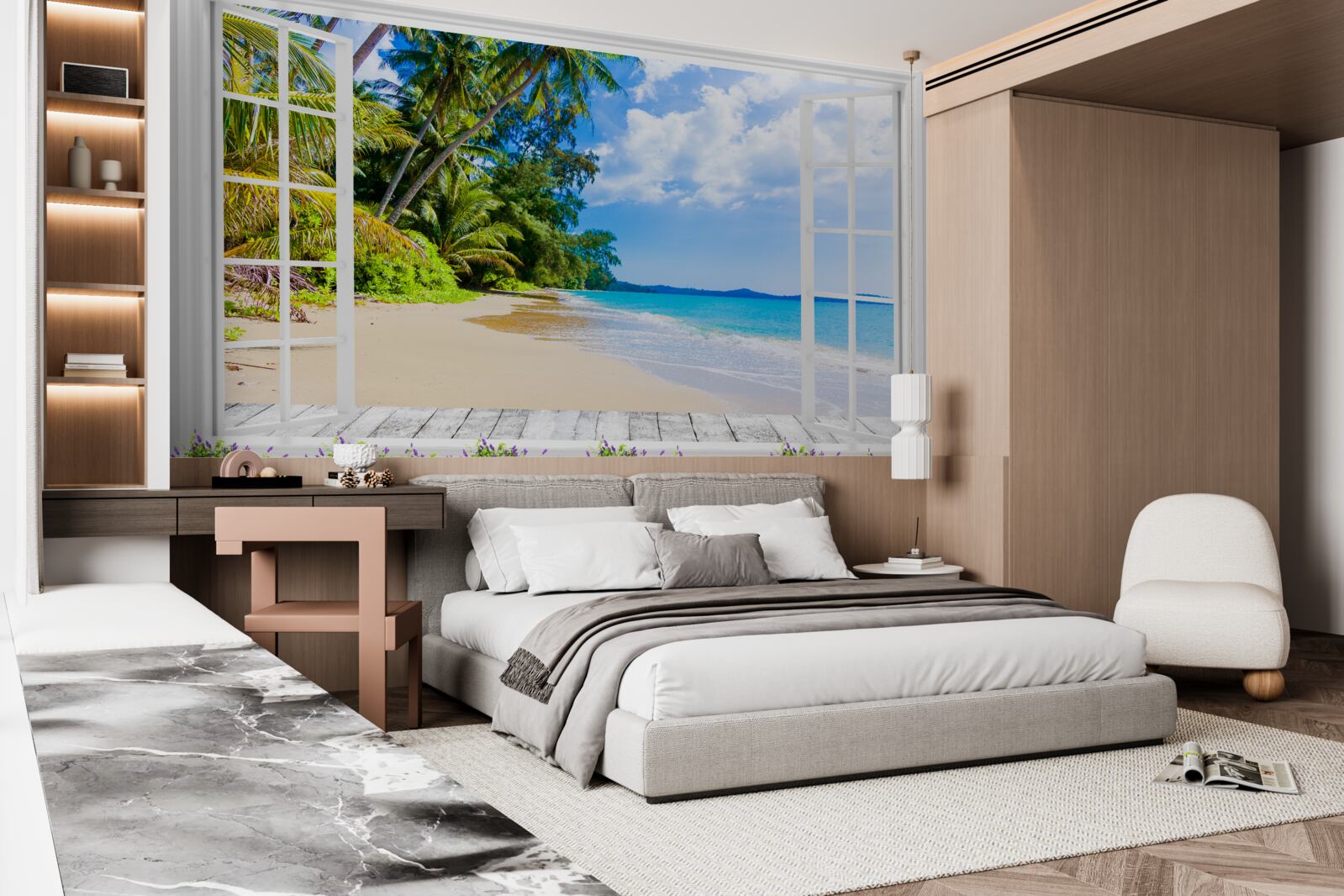 Fototapeta okno ponúka panoramatický výhľad na pláž