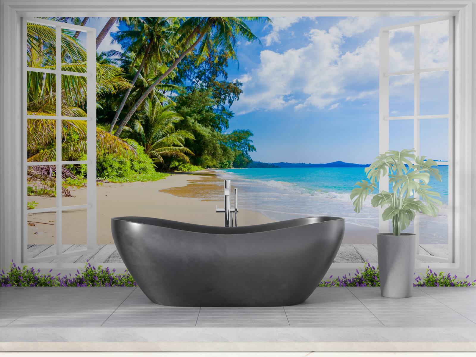 Fototapeta okno ponúka panoramatický výhľad na pláž