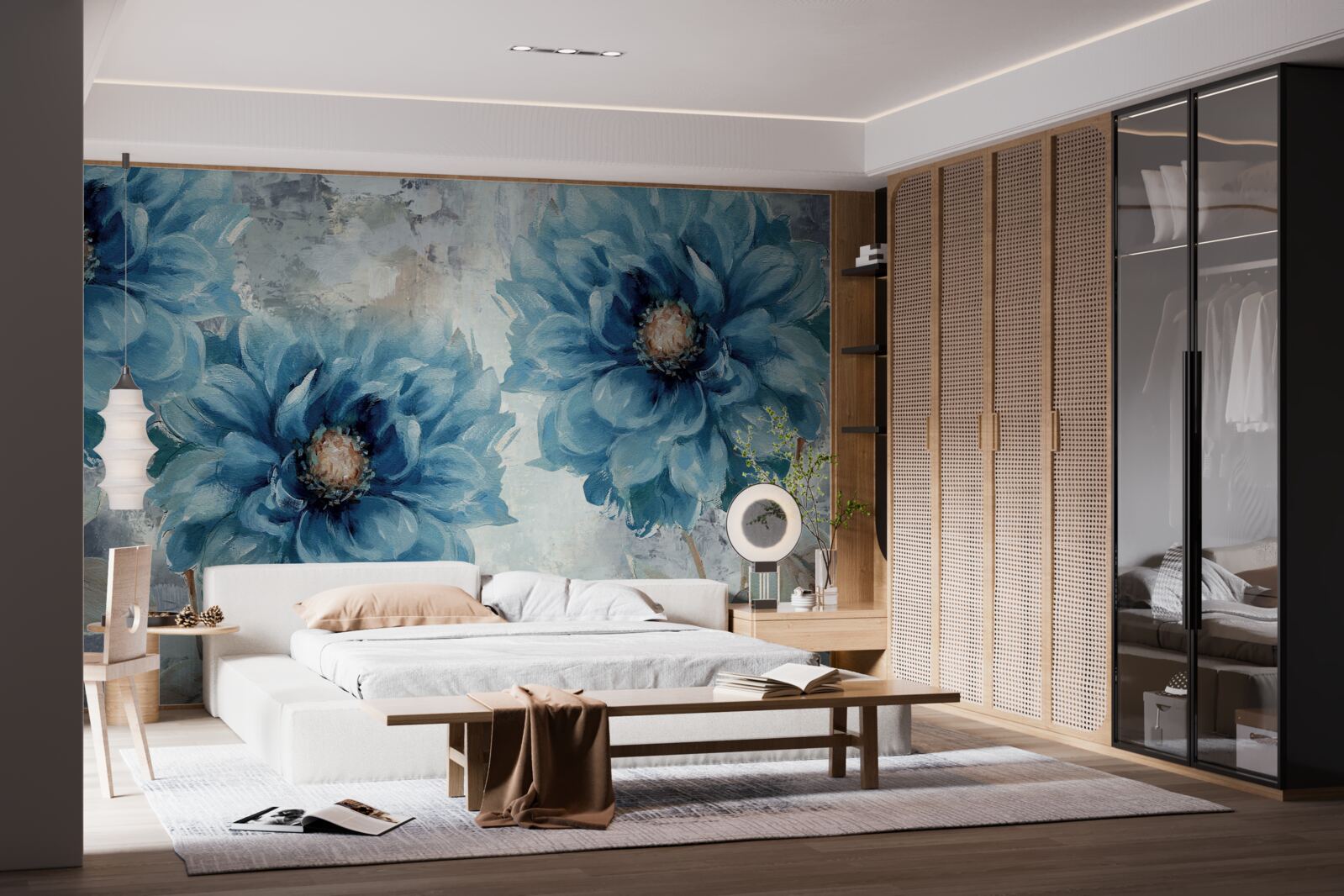 Fototapeta vtáky a modré kvety v hustom letnom daždi