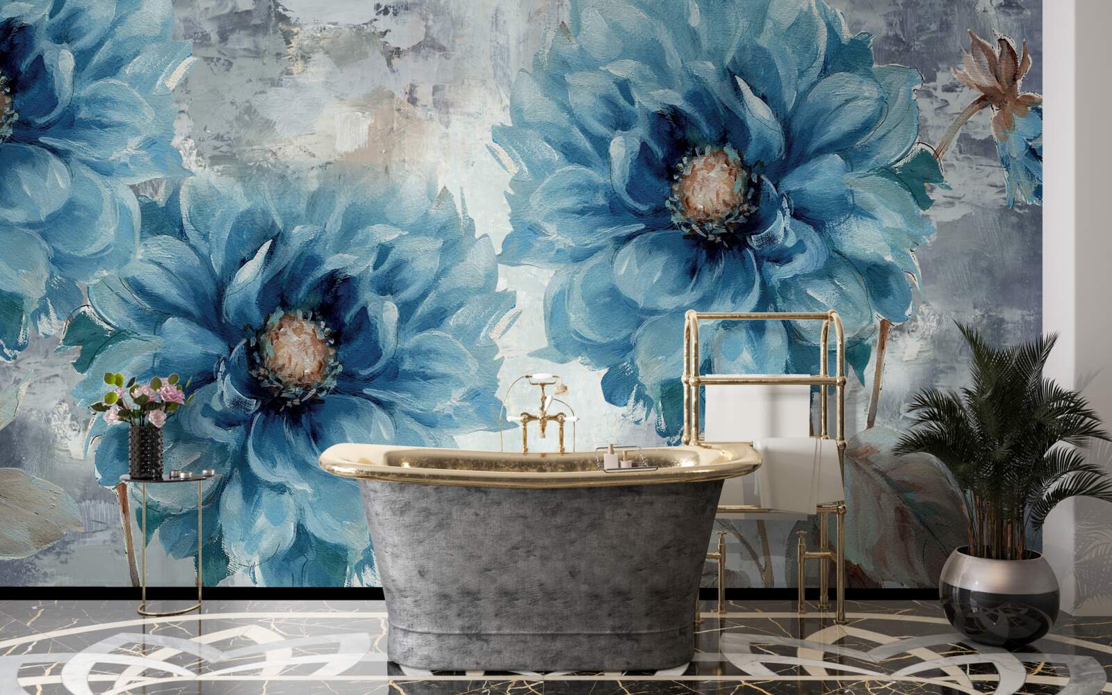 Fototapeta vtáky a modré kvety v hustom letnom daždi