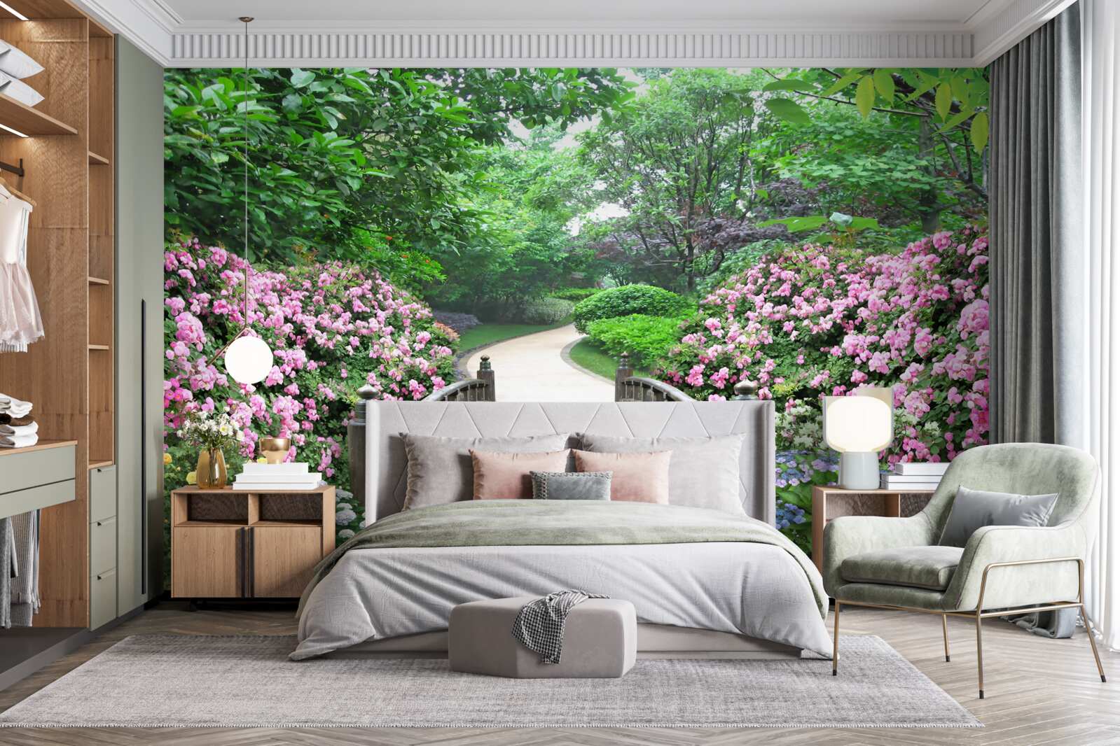 Fototapeta malebný drevený most, ktorý vedie cez kvitnúce zelené stromy