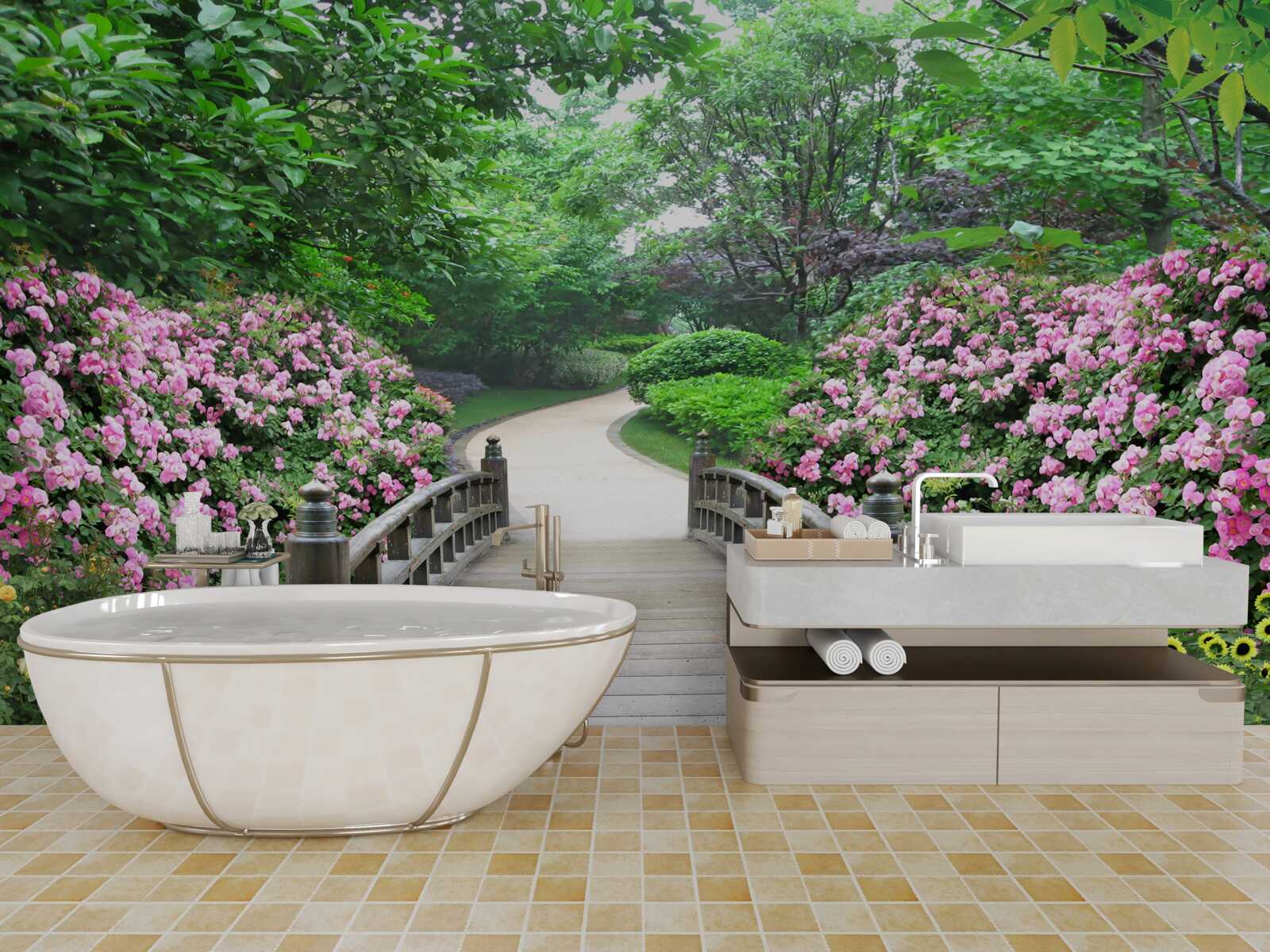 Fototapeta malebný drevený most, ktorý vedie cez kvitnúce zelené stromy