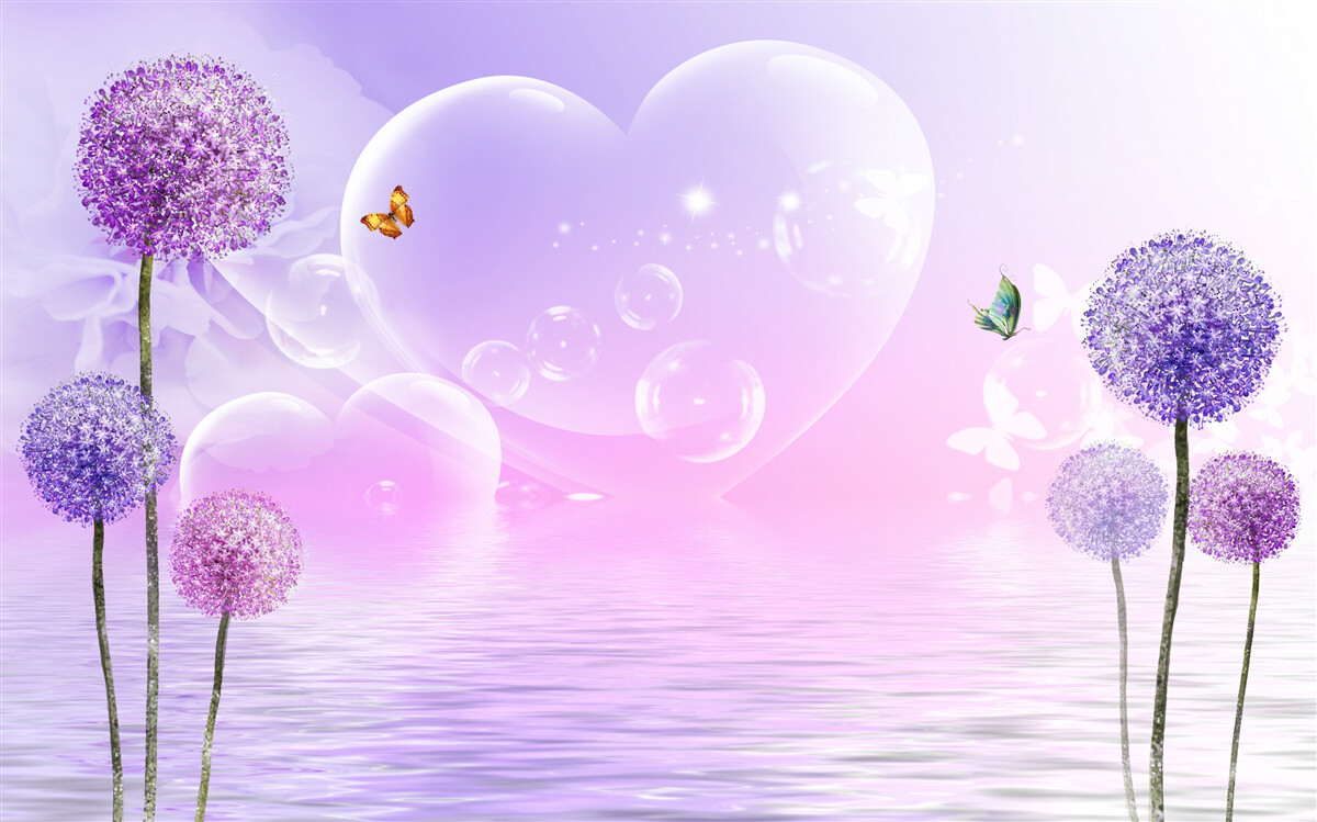 Fototapeta fialové kvety na pozadí vody a srdca