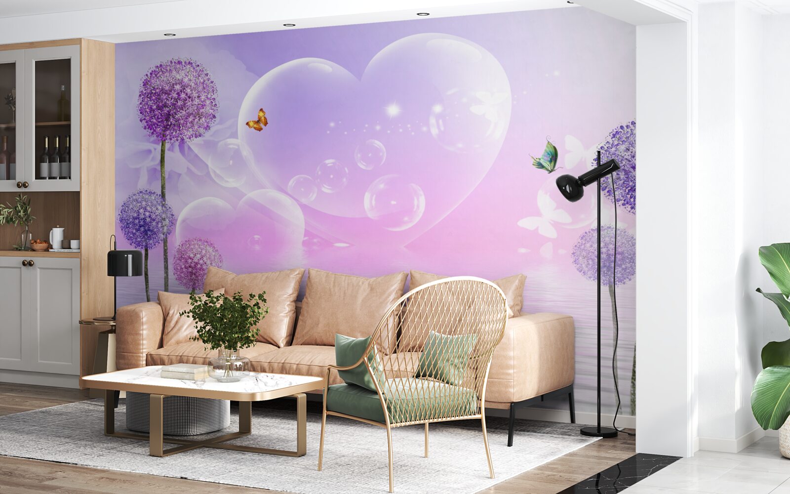 Fototapeta fialové kvety na pozadí vody a srdca