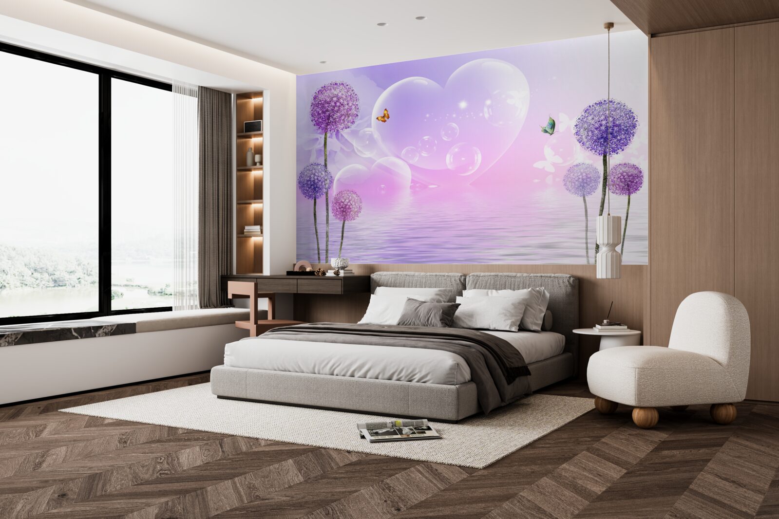 Fototapeta fialové kvety na pozadí vody a srdca