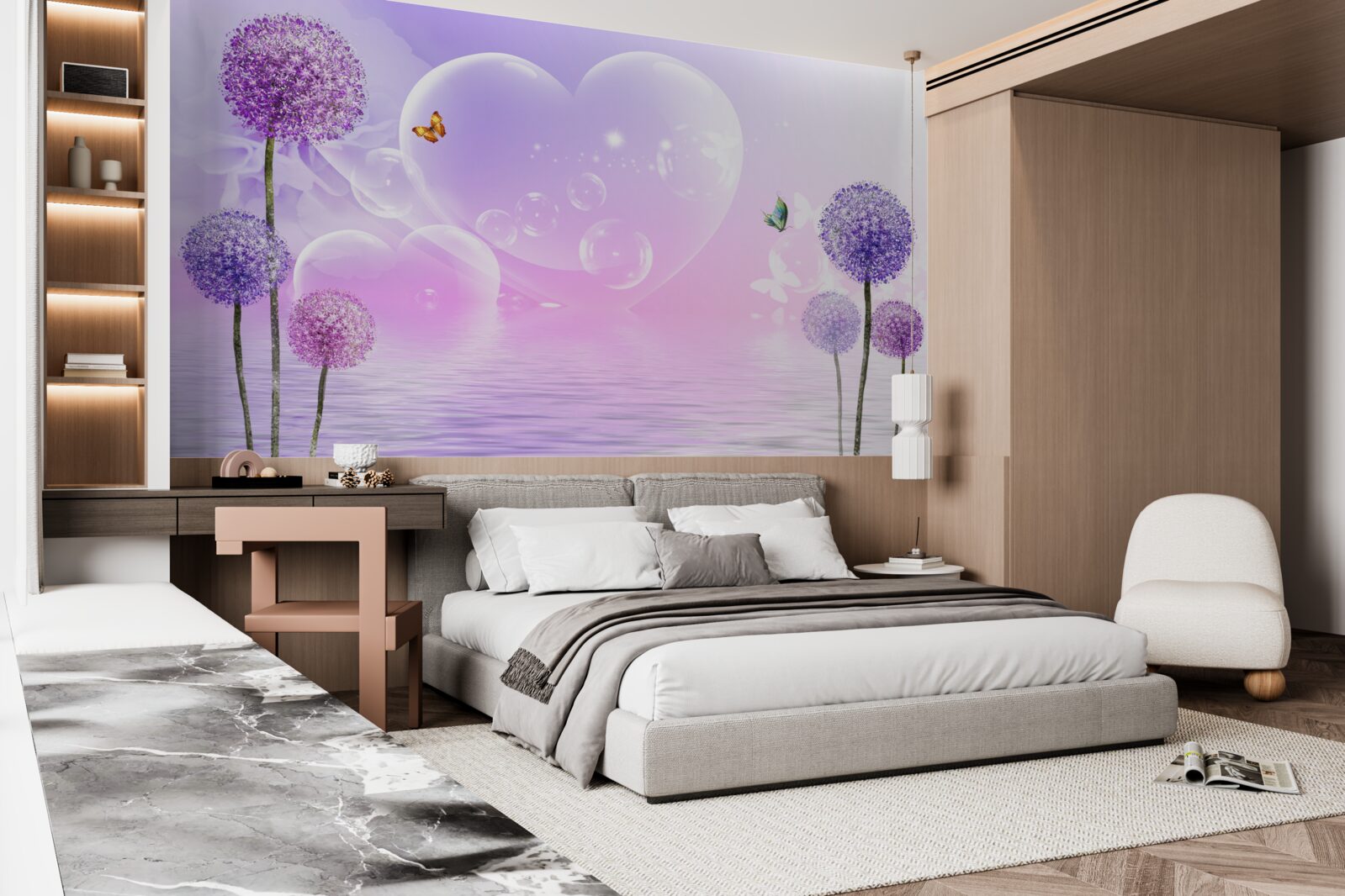 Fototapeta fialové kvety na pozadí vody a srdca