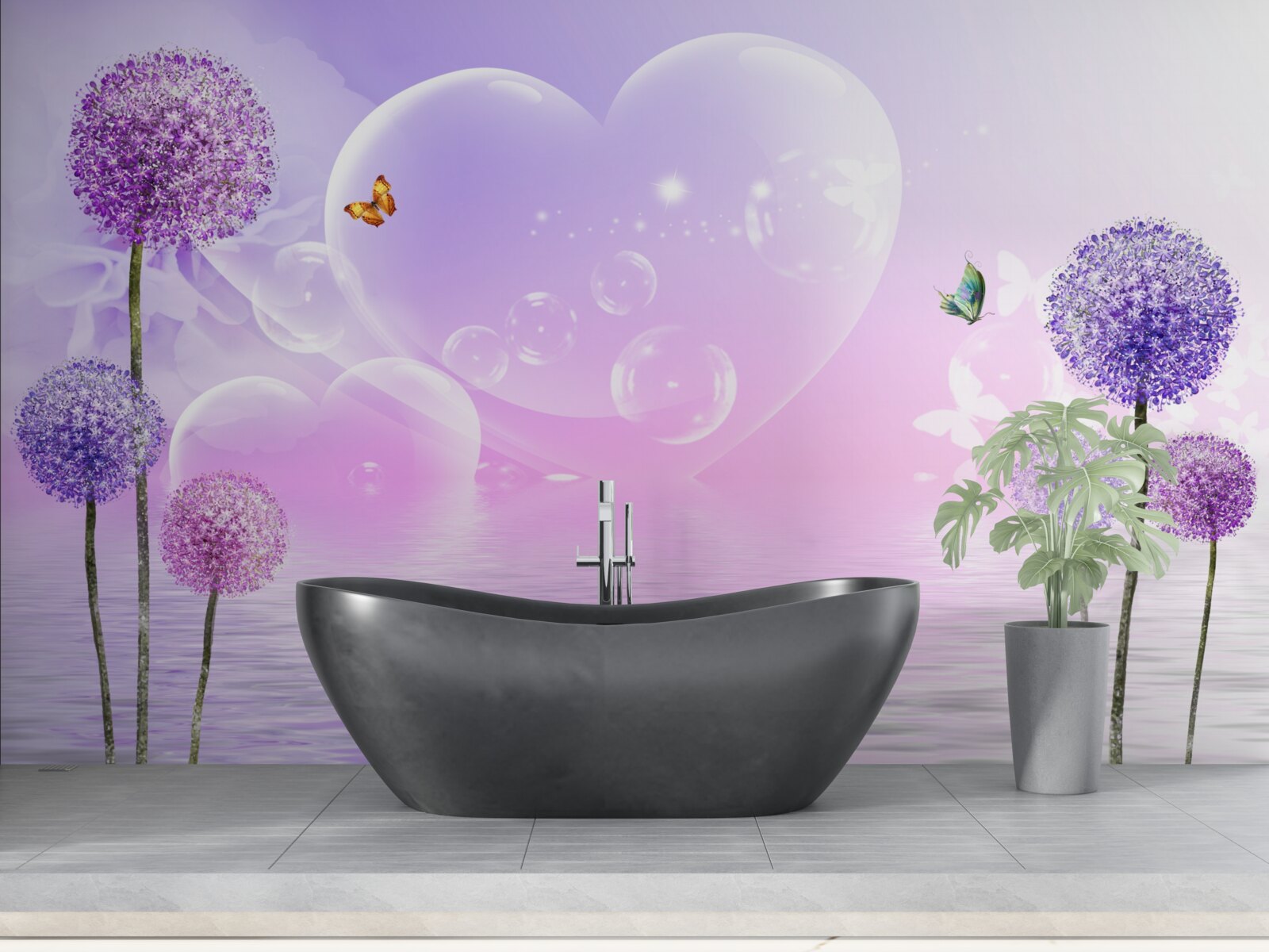 Fototapeta fialové kvety na pozadí vody a srdca