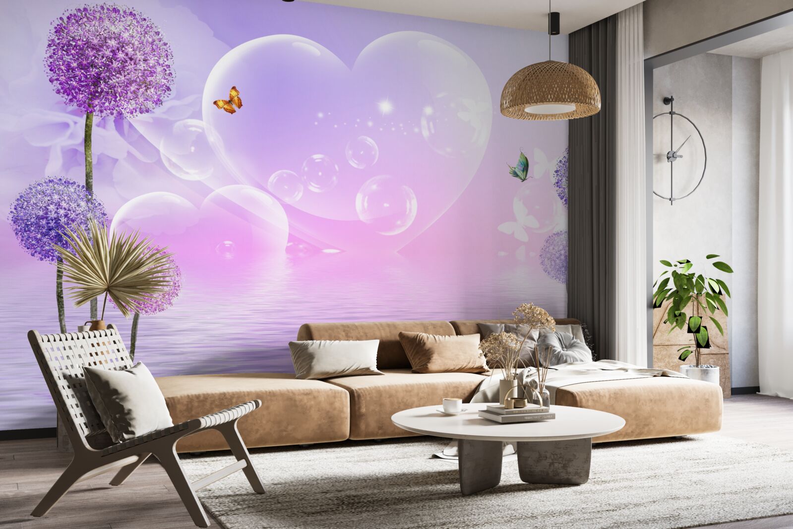 Fototapeta fialové kvety na pozadí vody a srdca