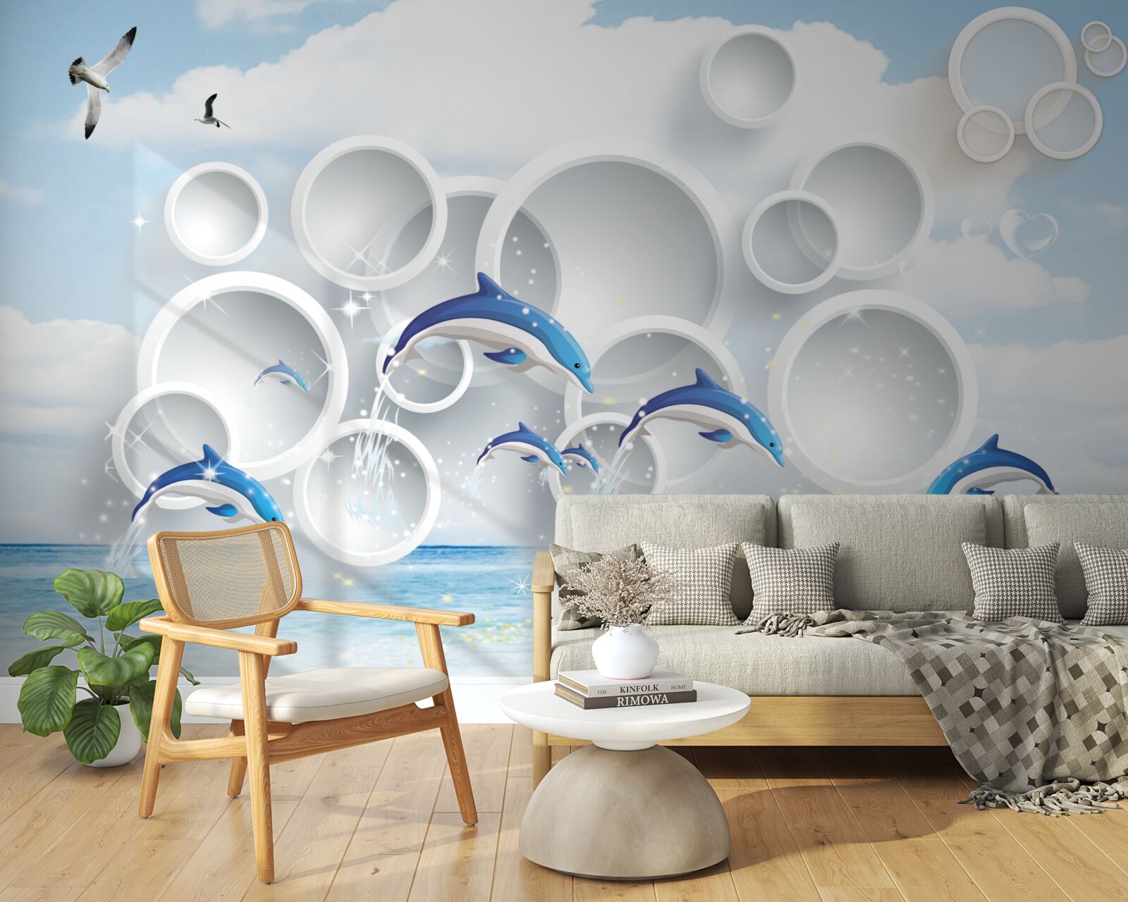 Fototapeta abstraktné prstene a delfíny skákajúce po vodnej hladine